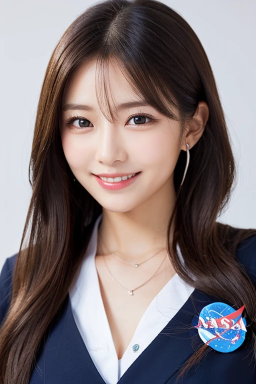 The face is a hostess、nasa uniform、Sexy face、hiquality、A hyper-realistic、healthy、Smiling expression、Slender perfect figure、Japan beauties、beautidful eyes、face perfect、Beautiful skin、Plain background、a necklace、piercings