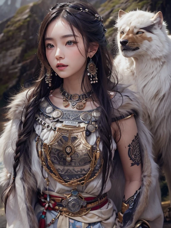 Hiding in the snowy mountains、Hair flow、 ((highest quality、masterpiece、8k、Best image quality、Ultra-high resolution、Award-winning works)、(Accurate anatomy:1.1)、(Look at me and smile:1.1)、Shining fair skin with Ultra-high resolution、The most detailed face、Ultra-high resolution detailed face、Ultra-high resolutionの髪の毛、(Ultra-high resolutionの煌めく瞳:1.1)、Beautiful face drawn in every detail、(Blurred Background:1.1)、Ancient Inuit clothing, Chest to chest, tattoo, Old ruins in the background、he'big, You have a real hawk on your shoulder..
