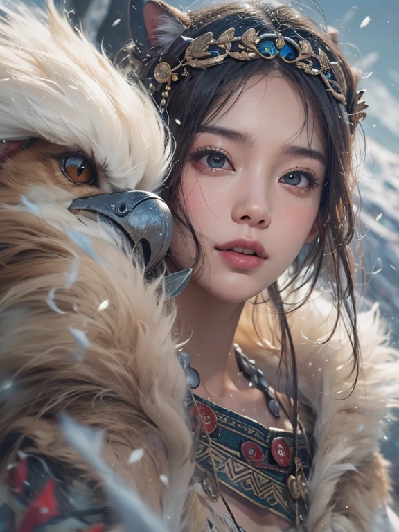 Hiding in the snowy mountains、Hair flow、 ((highest quality、masterpiece、8k、Best image quality、Ultra-high resolution、Award-winning works)、(Accurate anatomy:1.1)、(Look at me and smile:1.1)、Shining fair skin with Ultra-high resolution、The most detailed face、Ultra-high resolution detailed face、Ultra-high resolutionの髪の毛、(Ultra-high resolutionの煌めく瞳:1.1)、Beautiful face drawn in every detail、(Blurred Background:1.1)、Ancient Inuit clothing, Chest to chest, tattoo, Old ruins in the background、he'big, You have a real hawk on your shoulder..