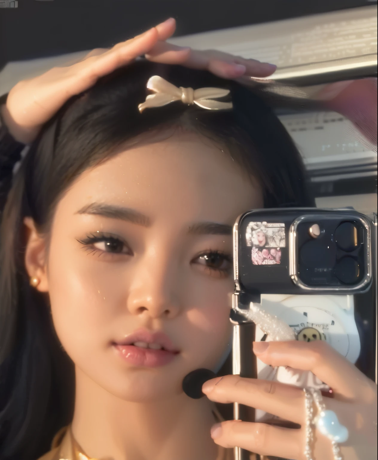 There is a woman taking pictures with her cell phone., Jenny Pink Black, BLACKPINK's Index, BLACKPINK's Index, Josh de Blackpink, Blackpink's Roseanne Park, auto photo iphone, Cat ears on the head, Taejun Kim, Heonhwa Choi, Black Rose Jisoo Portrait, using hair bows, Kawaii Hairstyle, 8k selfie photo, pale korean lovely face