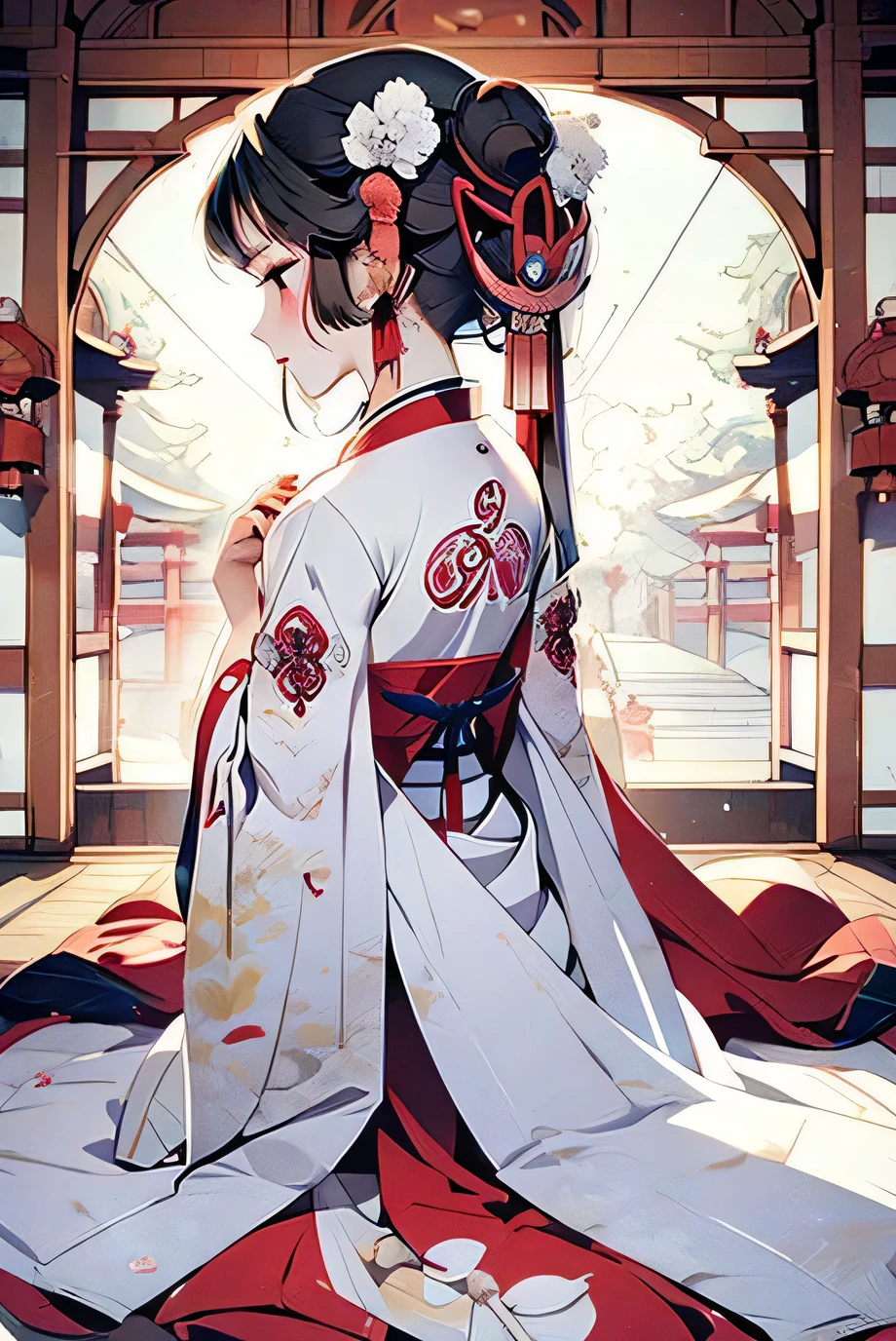 Shrine maiden、profile、(Beautiful woman、Perfect Fingers、Perfect legs、High resolution)、torii、shrine