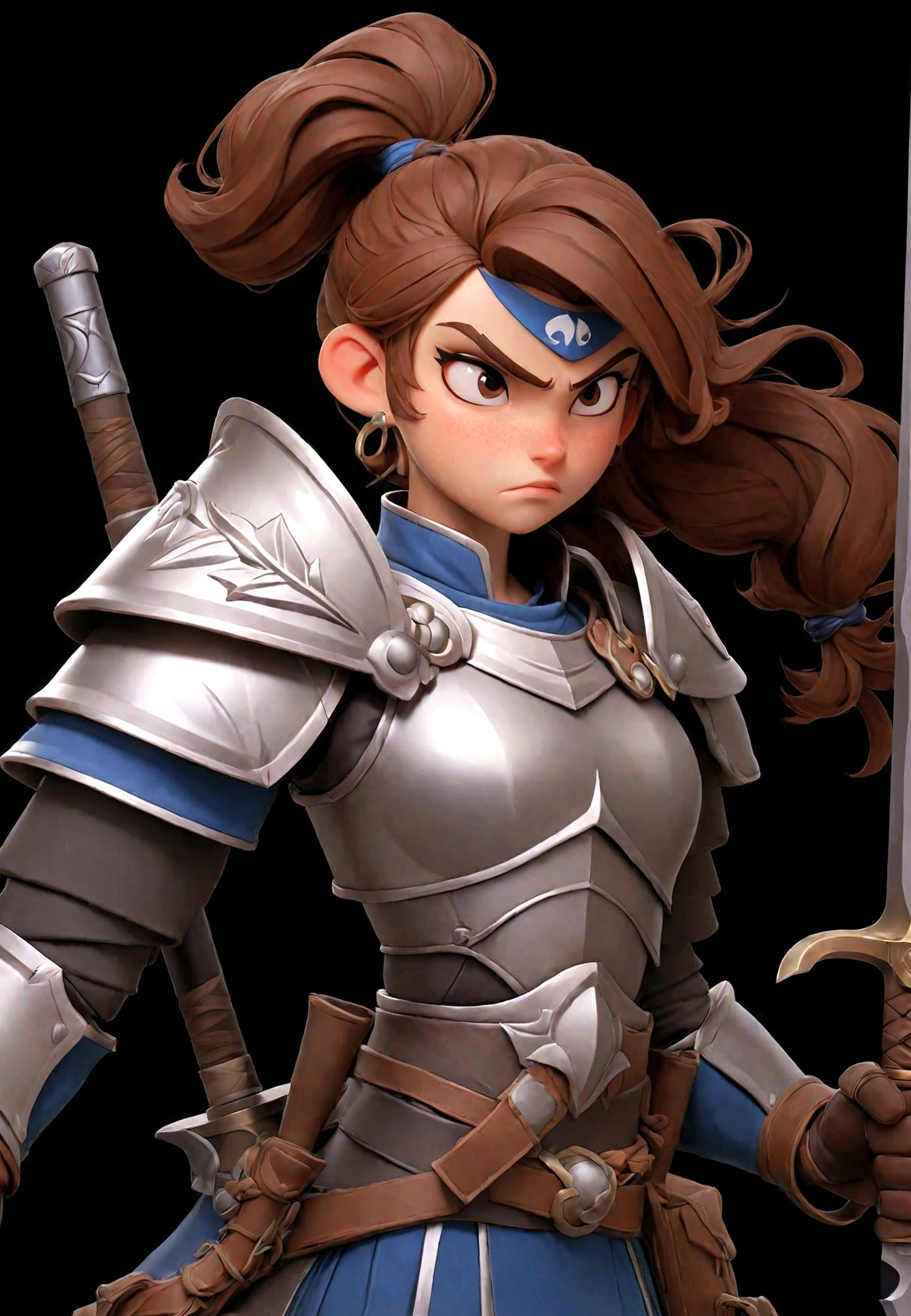 solo, long hair, looking at viewer, simple background, brown hair, 1girl, holding, brown eyes, ponytail, weapon, male focus, holding weapon, armor, headband, polearm, black background, shoulder armor, pauldrons, breastplate