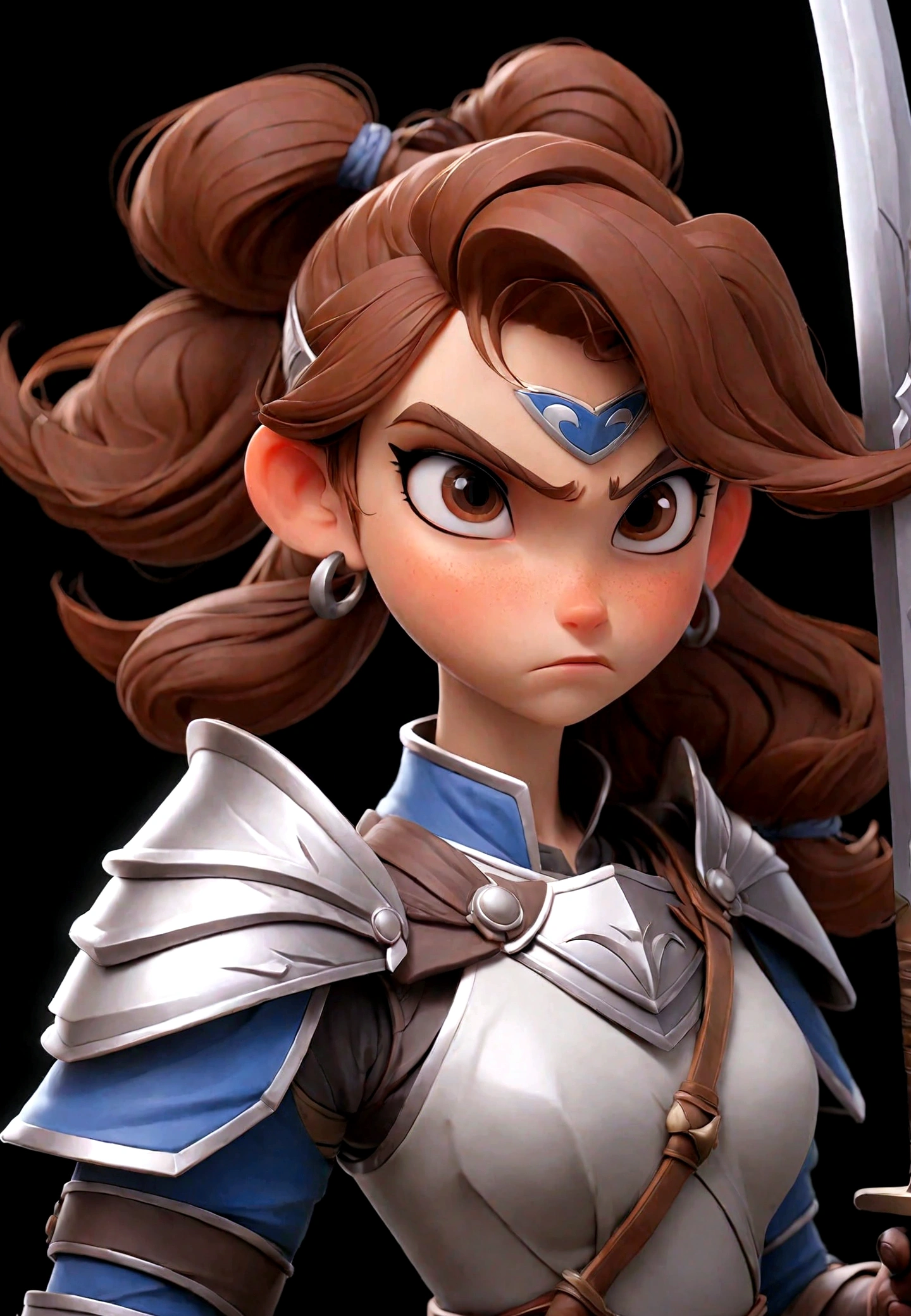 solo, long hair, looking at viewer, simple background, brown hair, 1girl, holding, brown eyes, ponytail, weapon, male focus, holding weapon, armor, headband, polearm, black background, shoulder armor, pauldrons, breastplate