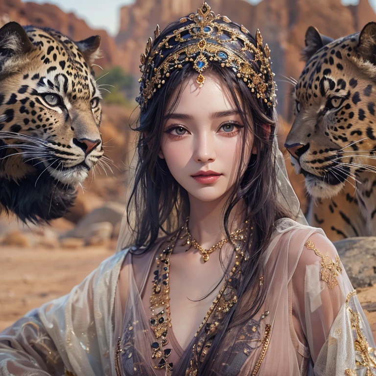 Hiding in the desert、Hair flow、 ((highest quality、masterpiece、8k、Best image quality、Ultra-high resolution、Award-winning works)、(Accurate anatomy:1.1)、(Look at me and smile:1.1)、Shining fair skin with Ultra-high resolution、The most detailed face、Ultra-high resolution detailed face、Ultra-high resolution hair、(Ultra-high resolutionのeyes :1.1)、Beautiful face drawn in every detail、(Blurred Background:1.1)、Ancient Islamic clothing, Chest to chest, tattoo, Old ruins in the background、Black leopard 