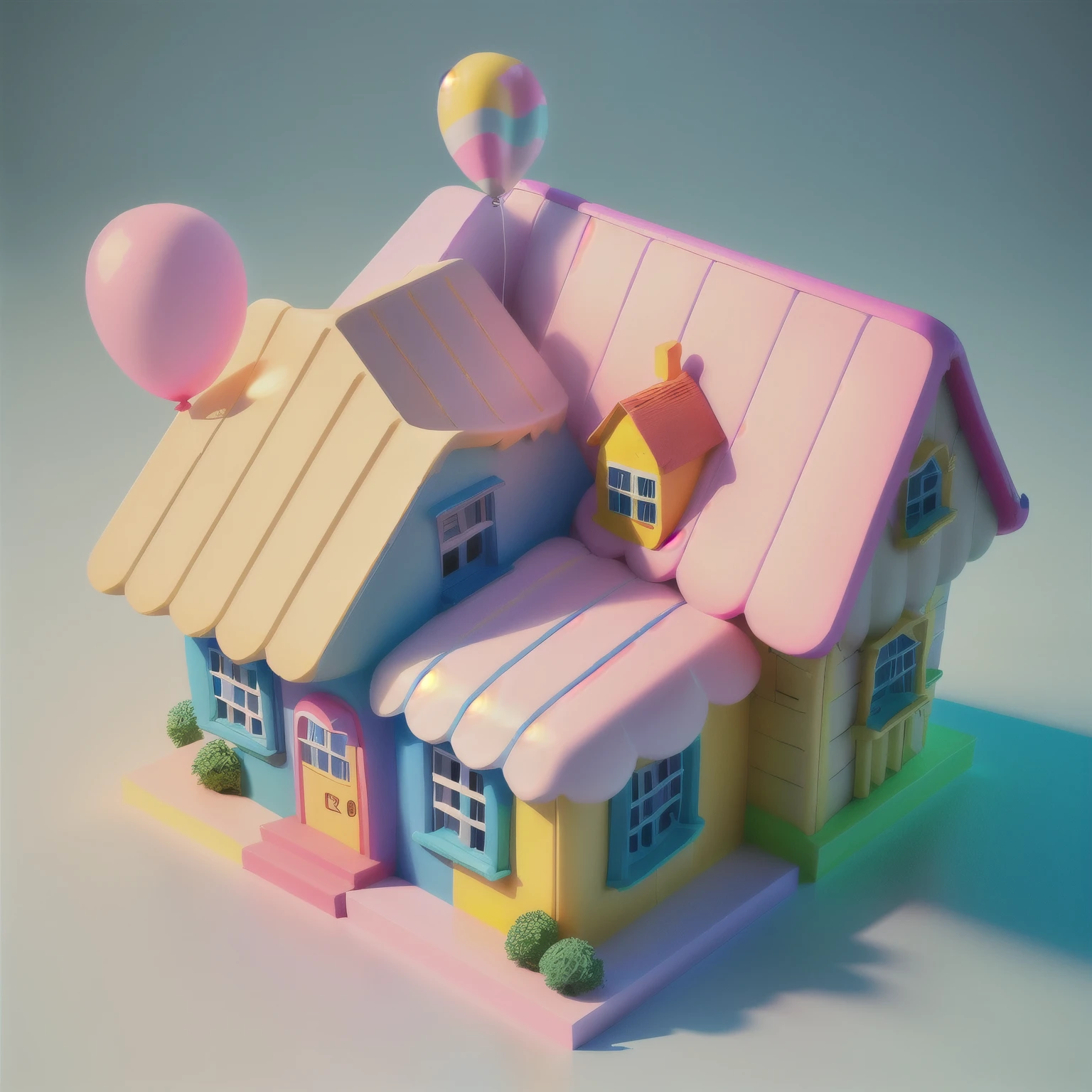 Isometric house, (45 degree top-down viewing angle), cartoon, Candy House, Colorful balloons, cute building, huge candy-like signboard, amusement park, Blank Background, Clear structure, Correct light and shadows, 3d rendering