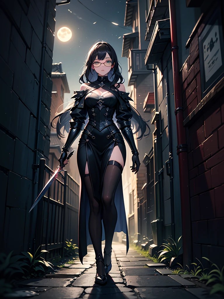 A stunning artwork of a stealthy female thief standing in a moonlit alley. The full-body view showcases her in sleek black and purple attire, exuding an aura of agility and cunning. Her short, sleek black hair frames a face of sharp beauty, highlighted by piercing green eyes that gleam with clever mischief and keen intellect. She holds dual daggers, intricately designed and gleaming with sharp precision, adding to her elusive presence. The scenery around her is a shadowy, narrow alley illuminated by the soft glow of the moon. Faint city lights and creeping shadows enhance the mysterious atmosphere, creating a scene of covert intrigue.