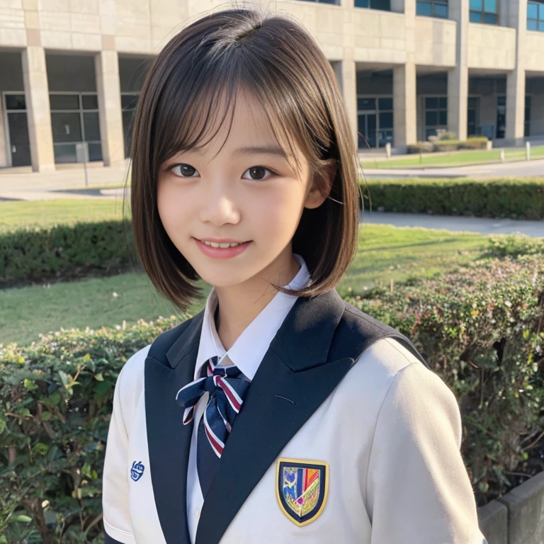 (highest quality,8K quality,masterpiece:1.3),(Ultra-high resolution,Photorealistic:1.4,RAW Photos),(Very detailed,Caustics,Detailed Background),(Ultra-Realistic Capture,Beautiful and detailed skin,Perfect Anatomy),At dusk,Sunset sky,School building,Schoolyard,18-year-old,cute,single eyelid,Black short bob,School blazer uniform,Looking at the camera,Laughter,Bust up shot,Natural soft light
