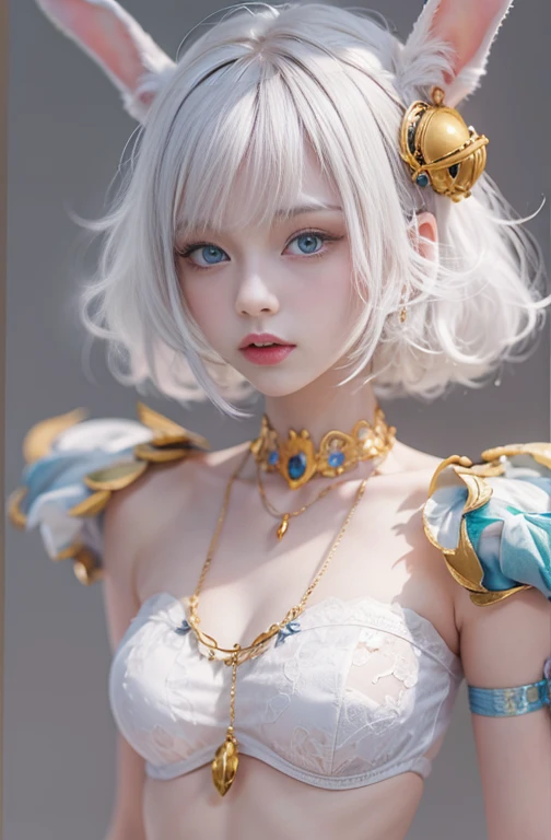 28 years old, Close-up portrait of a woman in a colorful clown costume、Shoulders out、thin、Serious expression、Short-haired、Deadly position, Gorgeous Necklace, Light milky porcelain skin, Smooth, Translucent white skin, Enchanting anime girl, Beautiful and seductive anime woman, Ultra realistic sweet bunny girl, Pale porcelain white skin, Smooth, Realistic and perfect body, Anime Girl Cosplay, Perfect body with realistic shadows, Switzerland'masterpiece