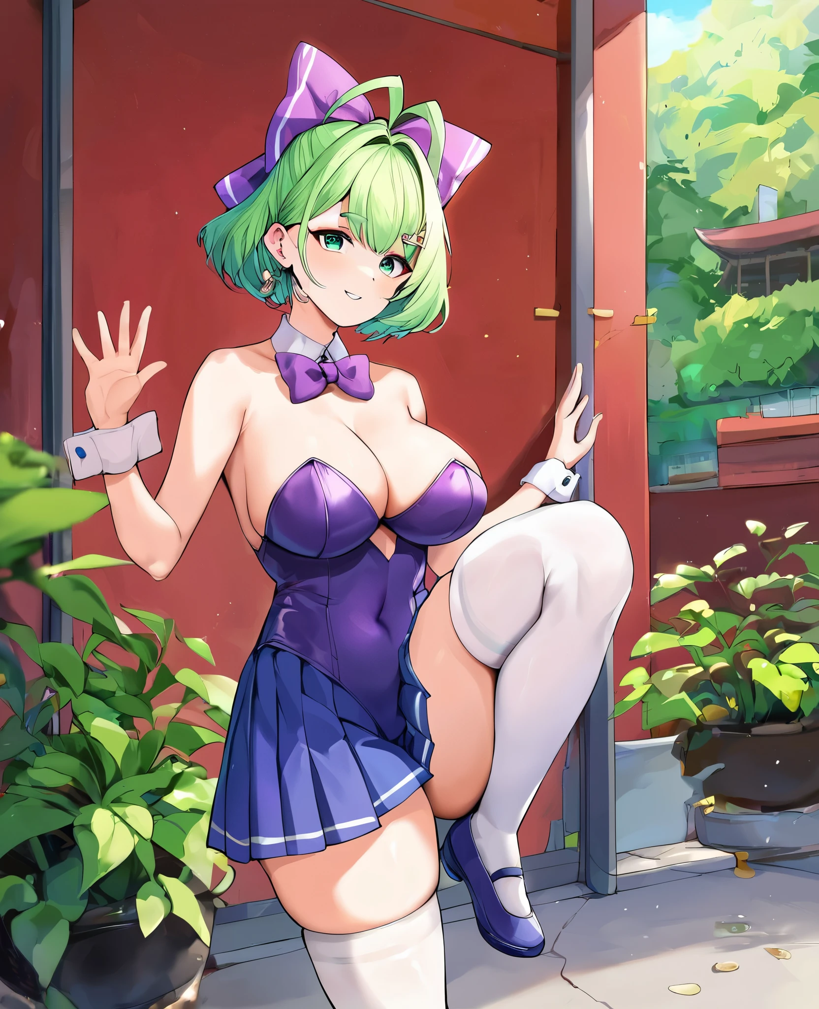 Miss,front,posture,Green short hair,Green Eyes,Purple bow,Blue pleated skirt,White socks,,Small leather shoes,Antenna hair,Doudou Eyebrows,Hair rope,permanent,Bangs,HappyGreen Hair Bow Girl Source_Japanese cartoons,woman, ,Fraction9,Fraction_8_rise,Fraction_7_rise,Fraction_6_rise,Fraction_5_rise,Fraction_4_up,Best quality,masterpiece,full,woman臀部,Thick thighs,Huge breasts,Huge ass,Protruding belly,Temptingposture,pviewer,Tempting_smile,score_9,score_7_up,score_6_up,score_5_up,score_4_up,best quality,masterpiece,middle-aged,bunny suit,dark