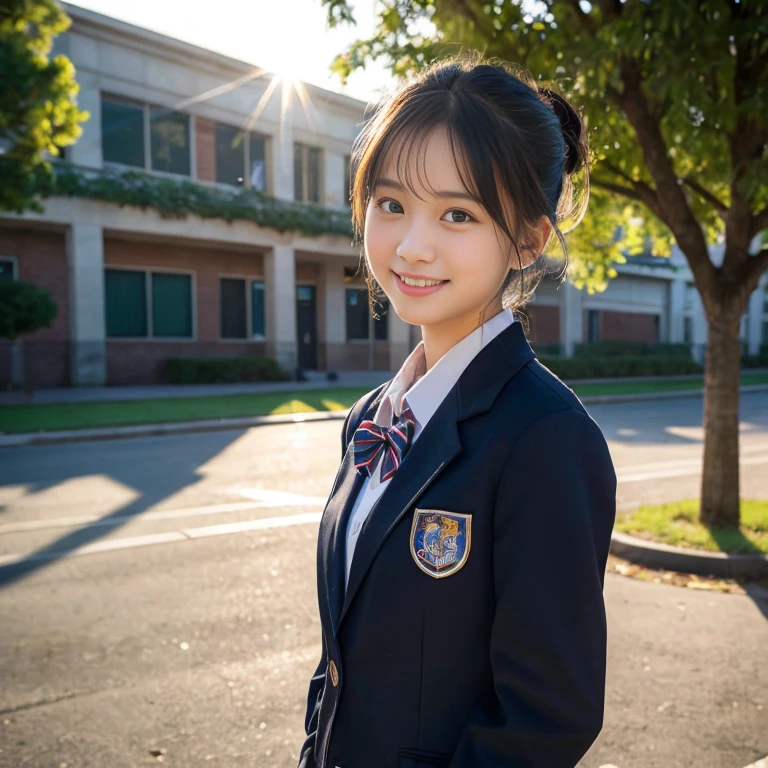 (highest quality,8K quality,masterpiece:1.3),(Ultra-high resolution,Photorealistic:1.4,RAW Photos),(Very detailed,Caustics,Detailed Background),(Ultra-Realistic Capture,Beautiful and detailed skin,Perfect Anatomy),At dusk,Sunset sky,School building,Schoolyard,18-year-old,cute,single eyelid,Black short bob,School blazer uniform,Looking at the camera,Laughter,Bust up shot,Natural soft light