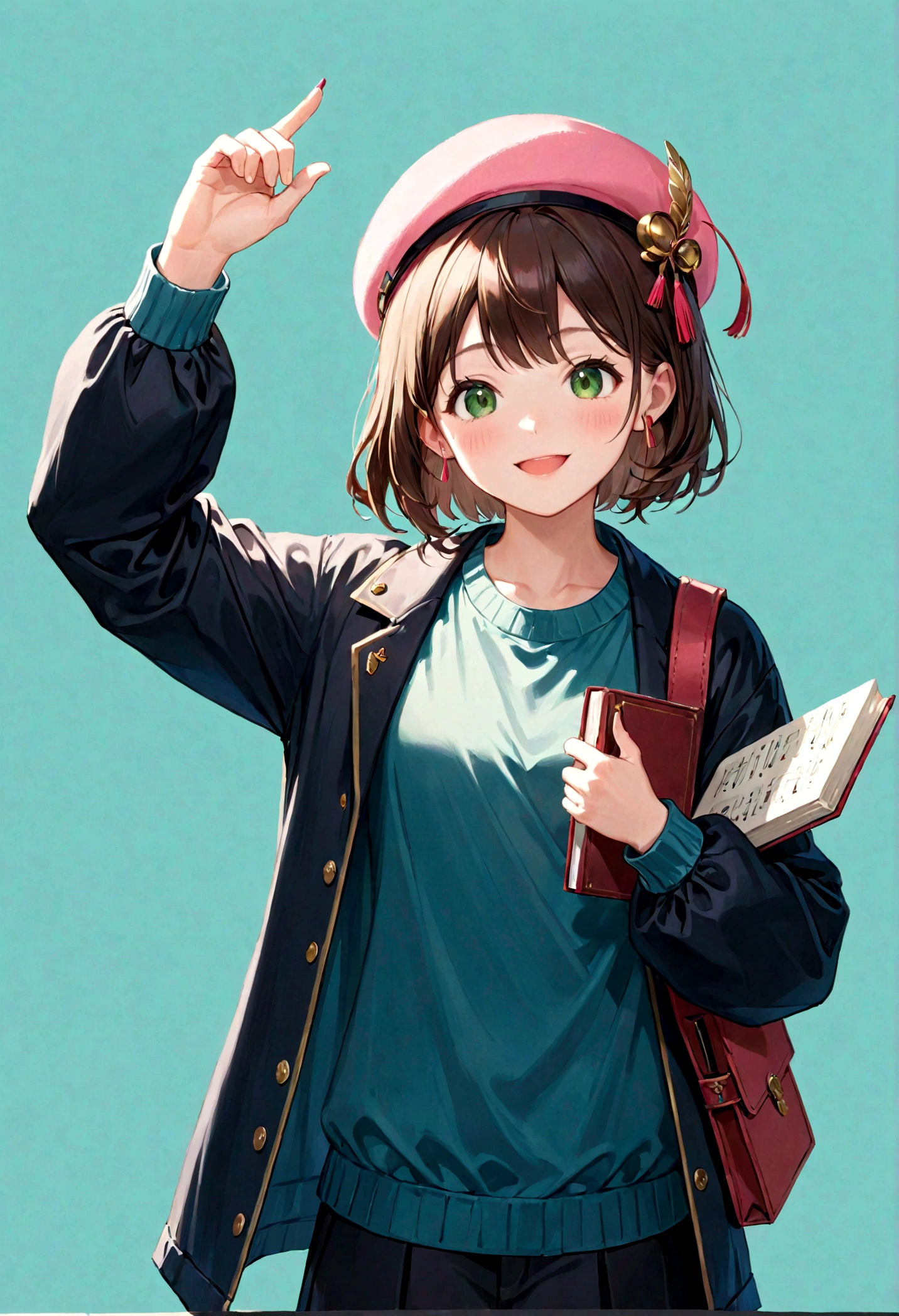 (Daisaku),(Need),(Super meticulous),(full bodyesbian:1.2),1girll,tchibi,adolable,ssmile,open-mouth smile,Light blue background,Raise your right hand,Holding pencil in hand,Holding a book in his left hand,music,Pink berets,Manteau,The shirt,short detailed hair,green headwear,Blurred,brunette color hair,longer sleeves,By bangs,Earphone,brunette color hair,(beautiful detailed face),(Beautiful and delicate eyes),