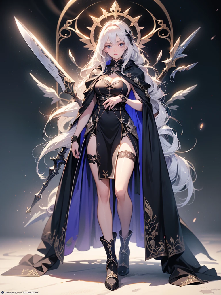 Design a layout showcase Gaming character, (1girl). Purple+Black clothes, mysterious and enchanting, ((showcase weapon:1.4)), enchanted orb, (masterpiece:1.2), (best quality), 4k, ultra-detailed, (Step by step design, layout art:1.5), (dim lighting, mystical glow), sorceress, ((lace gloves)), (((revealing cloak:1.3))), enchanted bracers, lace-up boots, (((full_body_shot:1.4)))