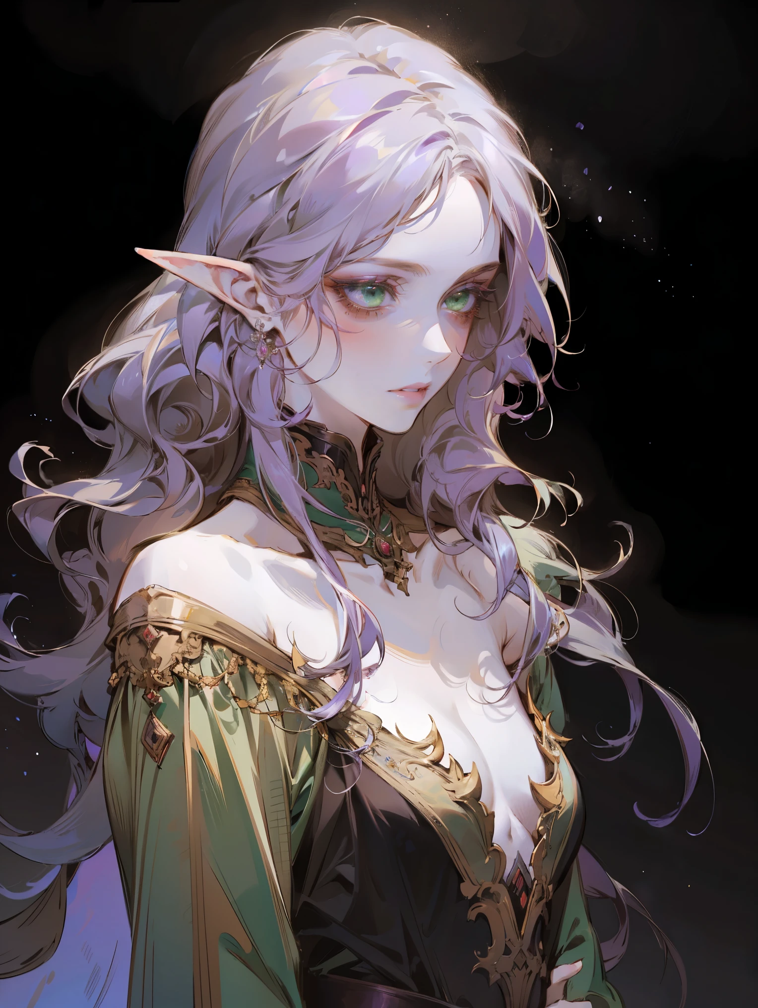 A beautiful, elegant girl with purple hair, green eyes and pale skin. Her hair is long and curly, she has two cute tufts on the sides. She is an elf. elf ears. She has a pensive look on her face. Black background.