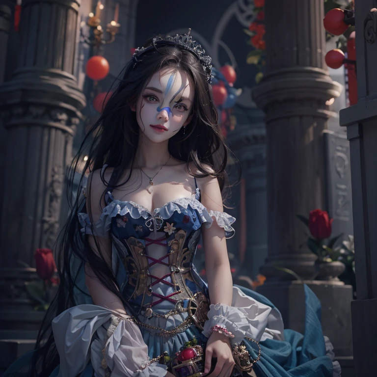 Standing in the grave、Hair flow、 ((highest quality、masterpiece、8k、Best image quality、Ultra-high resolution、Award-winning works)、(Accurate anatomy:1.1)、(Look at me and smile:1.1)、Shining fair skin with Ultra-high resolution、The most detailed face、Ultra-high resolution detailed face、Ultra-high resolutionの髪の毛、(Ultra-high resolution eye:1.1)、Beautiful face drawn in every detail、Cheerful clown costume, Chest to chest, Strange atmosphere, Ghosts flow, Dark Light, At the cemetery, Heavy makeup
