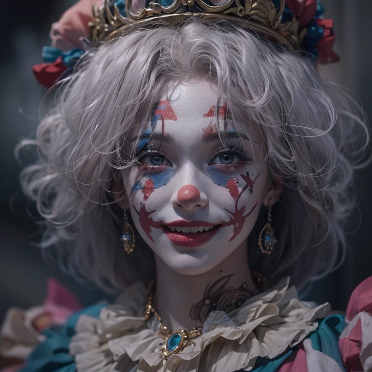 Standing in the grave、Hair flow、 ((highest quality、masterpiece、8k、Best image quality、Ultra-high resolution、Award-winning works)、(Accurate anatomy:1.1)、(Look at me and smile:1.1)、Shining fair skin with Ultra-high resolution、The most detailed face、Ultra-high resolution detailed face、Ultra-high resolutionの髪の毛、(Ultra-high resolution eye:1.1)、Beautiful face drawn in every detail、Cheerful clown costume, Chest to chest,  Strange atmosphere, Ghosts flow, Dark Light, At the cemetery, Heavy makeup 
