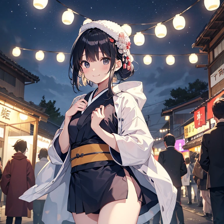 （Cute older sister:1.3）、smile,Japanese、、、 Black Hair、A towel is wrapped around your head、Festival Oxygen Coat、A cloth wrapped around her chest、Show off your thighs、Having a fan、Dance happily、、Background of the shrine festival、Tower、night、 Looking into the camera, There are many people wearing yukata、lanthanum、Open-air business、
