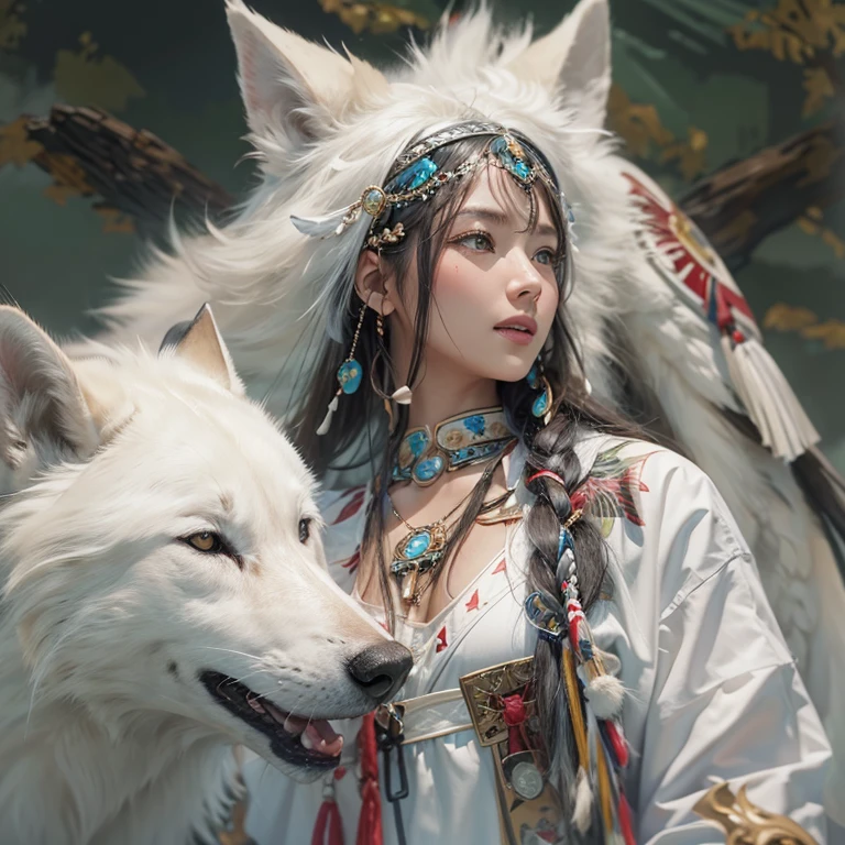 Shirakami-Sanchi、Hair flow、 ((highest quality、masterpiece、8k、Best image quality、Ultra-high resolution、Award-winning works)、(Accurate anatomy:1.1)、(Look at me and smile:1.1)、Shining fair skin with Ultra-high resolution、The most detailed face、Ultra-high resolution detailed face、Ultra-high resolutionの髪の毛、(Ultra-high resolutionの煌めく瞳:1.1)、Beautiful face drawn in every detail、(Blurred Background:1.1)、Native American white costume, American Indian Clothing, Chest to chest, tattoo、A real giant condor next to you。Observe the white wolf