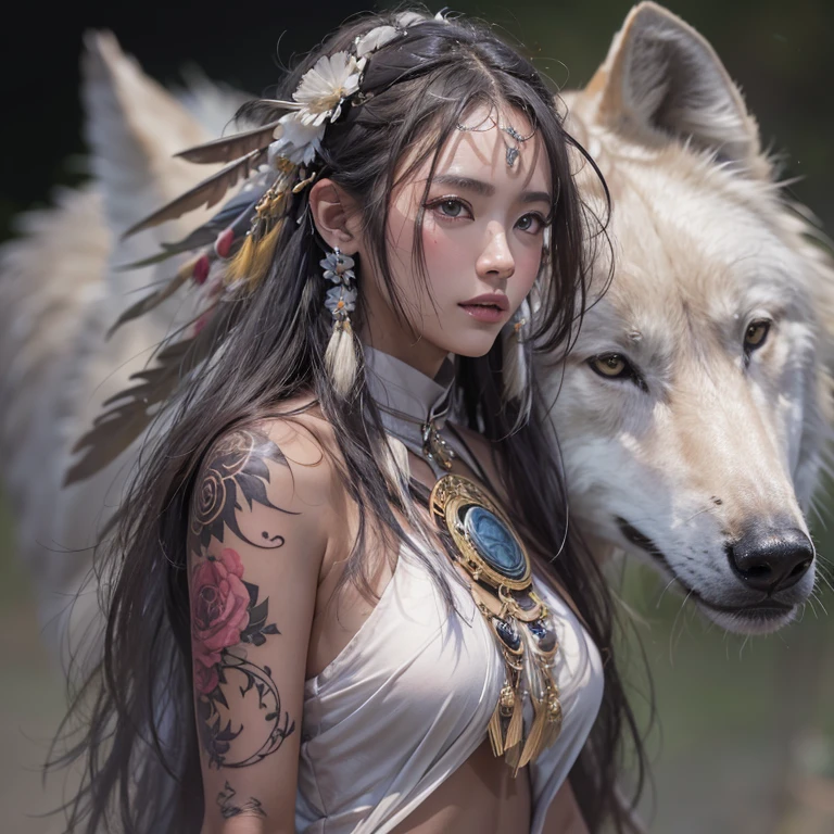 Shirakami-Sanchi、Hair flow、 ((highest quality、masterpiece、8k、Best image quality、Ultra-high resolution、Award-winning works)、(Accurate anatomy:1.1)、(Look at me and smile:1.1)、Shining fair skin with Ultra-high resolution、The most detailed face、Ultra-high resolution detailed face、Ultra-high resolutionの髪の毛、(Ultra-high resolutionの煌めく瞳:1.1)、Beautiful face drawn in every detail、(Blurred Background:1.1)、Native American white costume, American Indian Clothing, Chest to chest, tattoo、A real giant condor next to you。Observe the white wolf