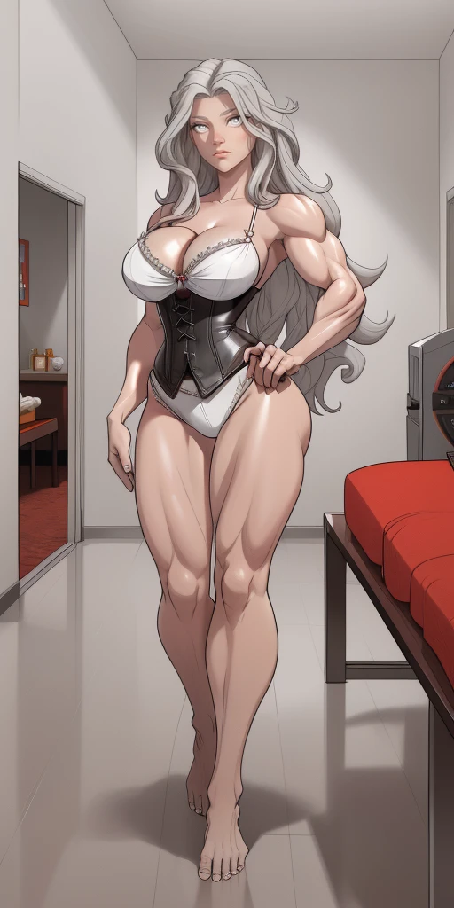 ((Masterpiece, plain background:1,2, masterpiece)) full body standing whitish bikini barefoot barehand together holding her knockers, cleavage, leather corset, long red messy hair, (((in the motel room))), (muscular ass), (thin waist), (very horny), full body photo (grey eyes:1.5) grey hair, hair between eyes, long hair