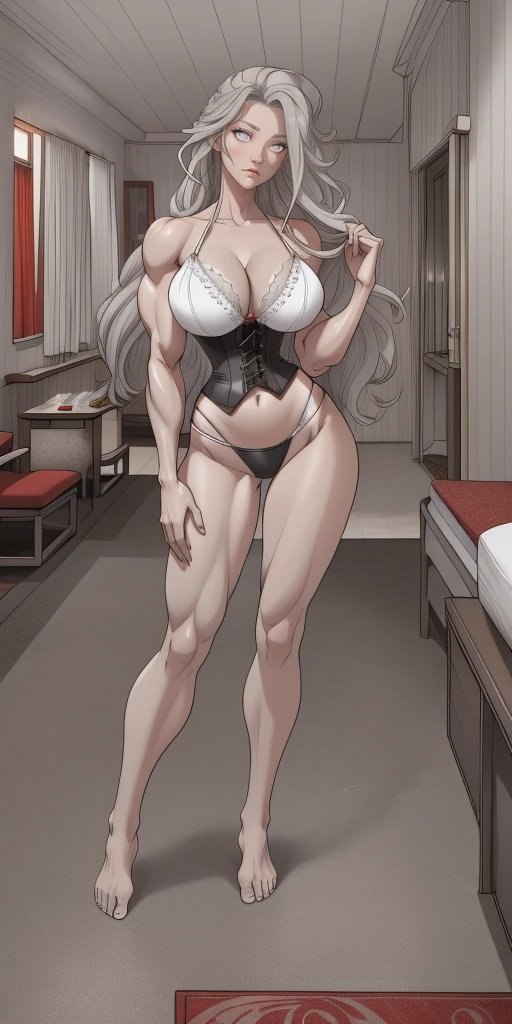 ((Masterpiece, plain background:1,2, masterpiece)) full body standing whitish bikini barefoot barehand together holding her knockers, cleavage, leather corset, long red messy hair, (((in the motel room))), (muscular ass), (thin waist), (very horny), full body photo (grey eyes:1.5) grey hair, hair between eyes, long hair