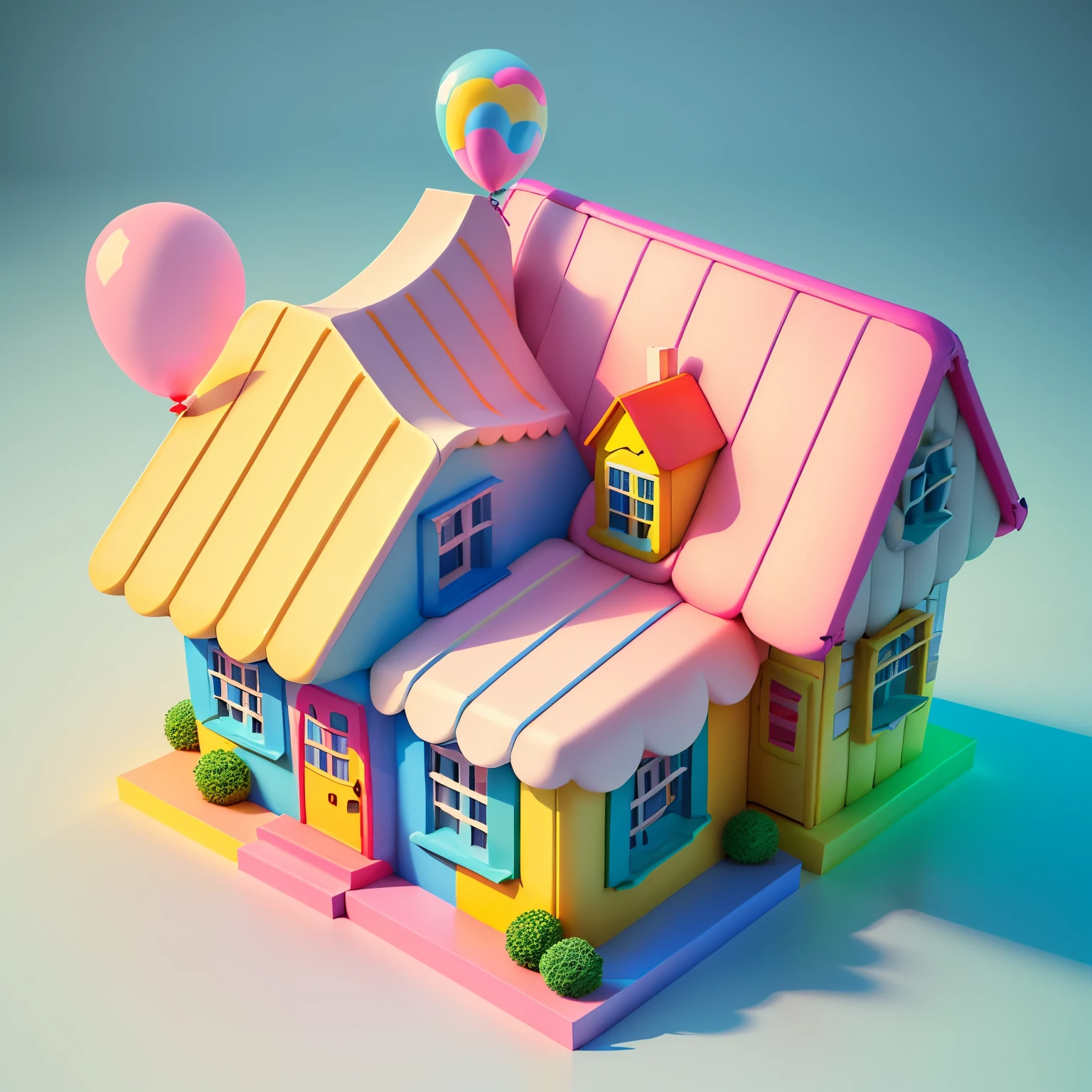 Isometric house, (45 degree top-down viewing angle), cartoon, Candy House, Colorful balloons, cute building, huge candy-like signboard, amusement park, Blank Background, Clear structure, Correct light and shadows, 3d rendering