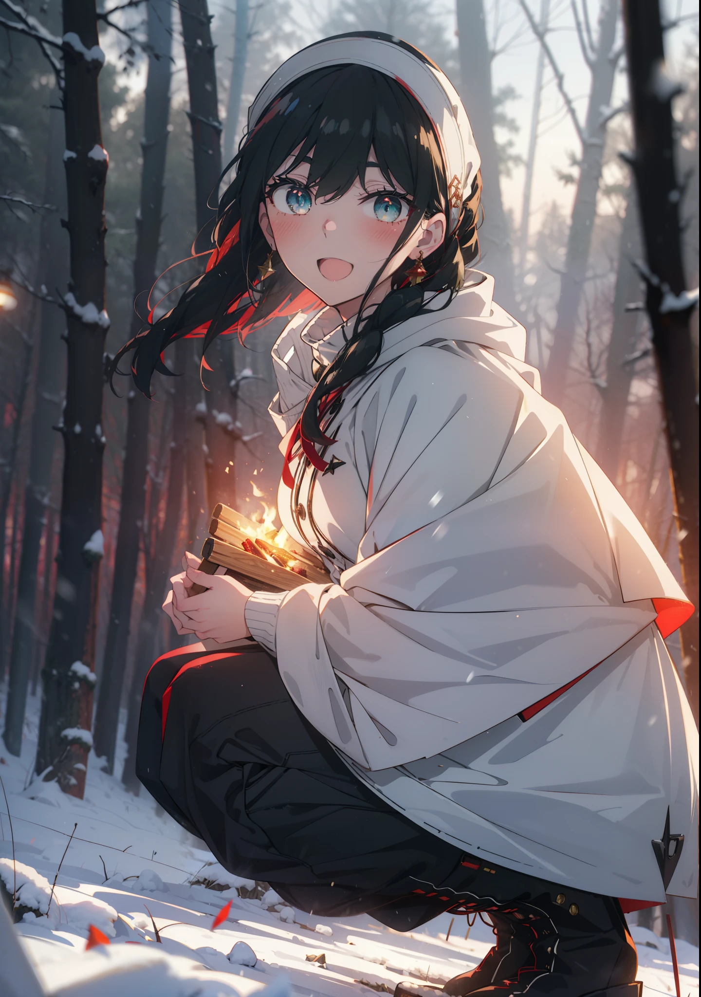 Your thorns, One Girl, blush, Black Hair,Red eyes, hair band, jewelry, Earrings, happy smile, smile, Open your mouth,
Open your mouth,snow,A bonfire on the ground, Outdoor, boots, snowing, From the side, wood, suitcase, Cape, Blurred, Eat food, forest, White handbag, nature,  Squat, Mouth closed, フードed Cape, winter, Written boundary depth, Black shoes, red Cape break looking at viewer, Upper Body, whole body, break Outdoor, forest, nature, break (masterpiece:1.2), highest quality, High resolution, unity 8k wallpaper, (shape:0.8), (Beautiful and beautiful eyes:1.6), Highly detailed face, Perfect lighting, Extremely detailed CG, (Perfect hands, Perfect Anatomy),