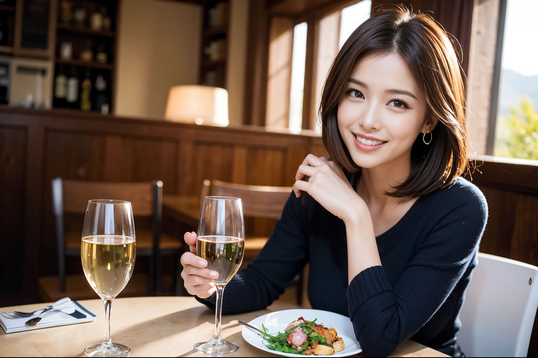 ((highest quality、8k、masterpiece:1.3))、1 male、1 woman who resembles Satomi Ishihara、Couple、Spouse、Couple、The body is slim、((Bob Hale、Straight hair:1.2)), (Realistic, Intricate details:1.2), テーブルの上のwine glass、Put the light on your face、 Amazing view of the sunset sky and clouds、Amazing mountain views、A bright smile、The wonderfulness of smile、Bright image、The beauty of wine, Beautiful Face, blue eyes, The light shines on your face, Blushing, short hair,Bright Face、 (42 years old), 39 years old, red wine 、Appetizers、Italian food、Wine bottle、Champagne、sparkling wine、Two beauties、Brown Hair、Shortcuts、Long sleeve shirt、dress、Pretty Woman 1, (slimな顔), (The body is slim), (Brown Hair), (Shortcuts), cheeks turn a little red,Attractive beauty、restaurant, In a prominent place (From the waist up) Nova Frog Style, actress, model, Upper Body, White wine, slim, wine glass, 中央に置かれたwine glass, smile, (smile: 1.15), Beautiful fine grain, Depth f/2,saturation, High Contrast, Strong light and shadow,Moist Body:1.5、3D texture、Delicate eyes、Brown Hair、The hair is very shiny、