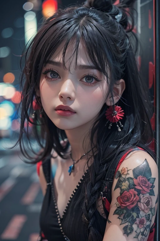 highest quality、8k、masterpiece:1.3、Gothic Punk、The inner color is red、Gray Black Hair、hair ornaments、beautiful girl、creative、Punk Shirt、Neogoth、Goth Fashion:1.2、High resolution、masterpiece、highest quality、頭w:1.3、((Hasselblad Photos))、Fine skin、Sharp focus、(Cinema Lighting)、Explore Tokyo'Night city behind the neon lights, Forehead open, 、Petting'Hair back、Shoulder Bare、Small red rose tattoo on the décolletage、Just one tattoo