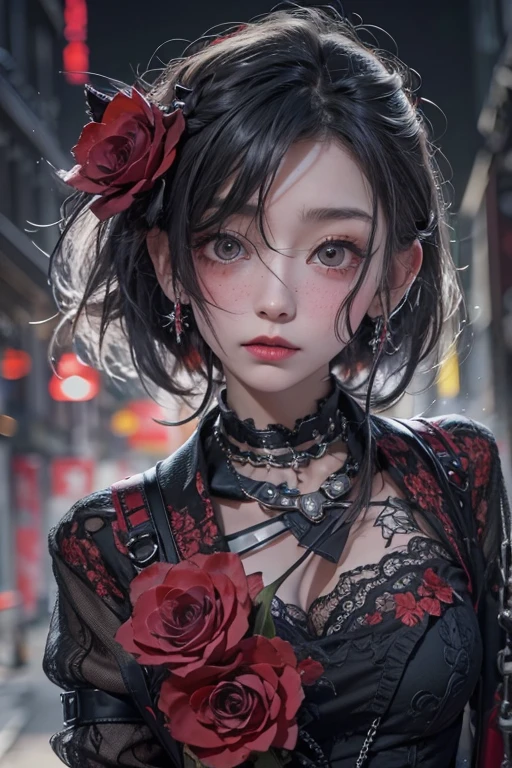 highest quality、8k、masterpiece：1.3、Gothic Punk、The inner color is red、Gray Black Hair、hair ornaments、beautiful girl、creative、Punk Shirt、Neogoth、Goth Fashion：1.2、High resolution、masterpiece、highest quality、頭w:1.3、((Hasselblad Photos))、Fine skin、Sharp focus、(Cinema Lighting)、Explore Tokyo'Night city behind the neon lights, Forehead open, 17 years old、Petting'Hair back、Shoulder Bare、Small red rose tattoo on the décolletage、Just one tattoo