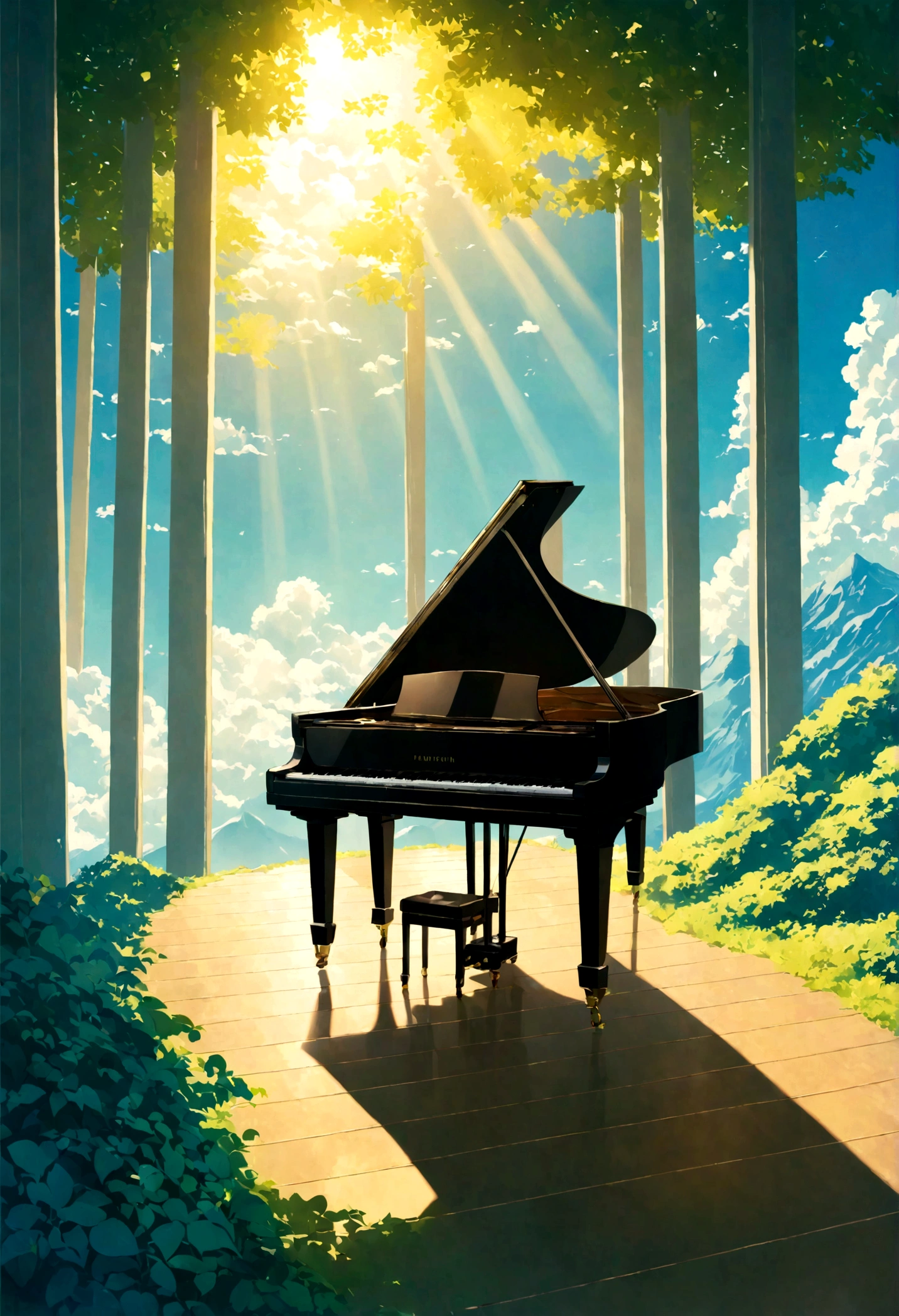 A grand piano on top of a mountain surrounded by a sea of clouds、