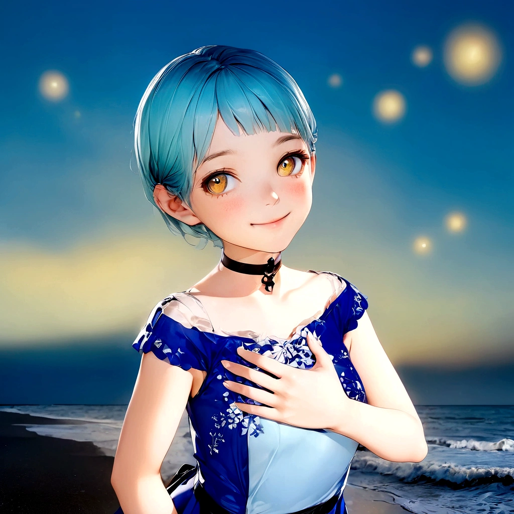 smile、Anime girl with blue hair and golden eyes standing on the beach, Cute 3D anime girl render, Woman with short blue hair, Anime-style 3D, Created by Anime Painter Studio, Smooth anime CG art, Realistic young anime girl, Highly detailed characters, blue sea, Inspired by Rei Kamoi, Anime-style characters, Girl with short white hair