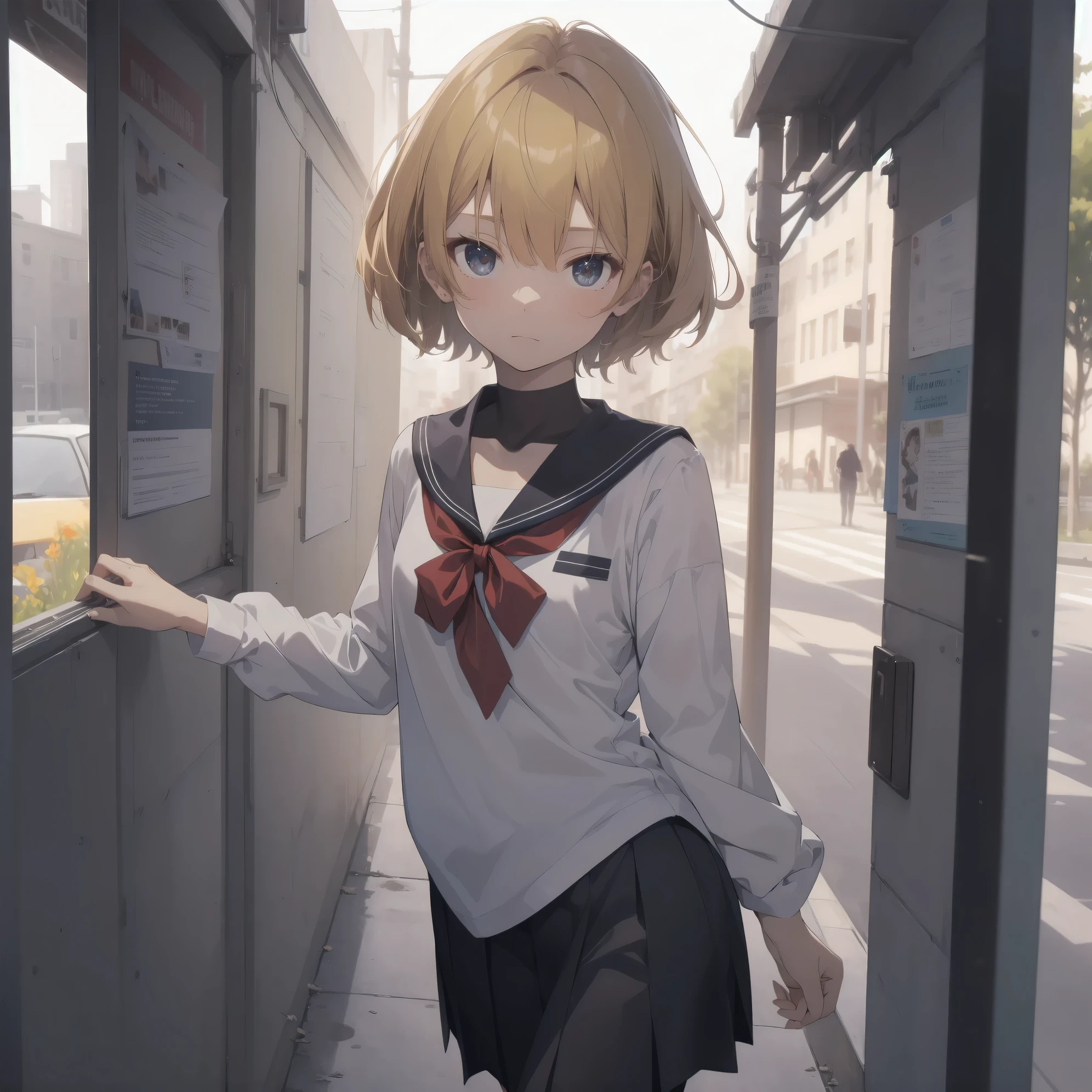 ultra-absurdres-Top quality by artist God, ultra-detailed, high resolution, anime moe artstyle, best anime 8k konachan wallpaper, pixiv contest winner, pool:2810, perfect anatomy,break, 1girl, (Please draw a girl walking sleepily to school alone. )break,(Solo,little female, -yeld:1.Full limbs, complete fingers,a junior hihort hair), short cut, flat chest, , small butt, small black eyes, beautiful detailed eyes, well-proportioned iris and pupils, expressive eyes, highres detailed hair, soft expression, salor school_uniform, sailor collar, serahuku, bow, pleated skirt,(Detailed Lighting), (Detailed background), in the School commute route. break,super detailed skin, Best cinematic lighting powered by famous artist, 8k,beauty illustration,photoshop_(medium),very aesthetic,break,((artist:shino_(ponjiyuusu) )), artist:clamp ,artist:carnelian ,artist:kantoku ,