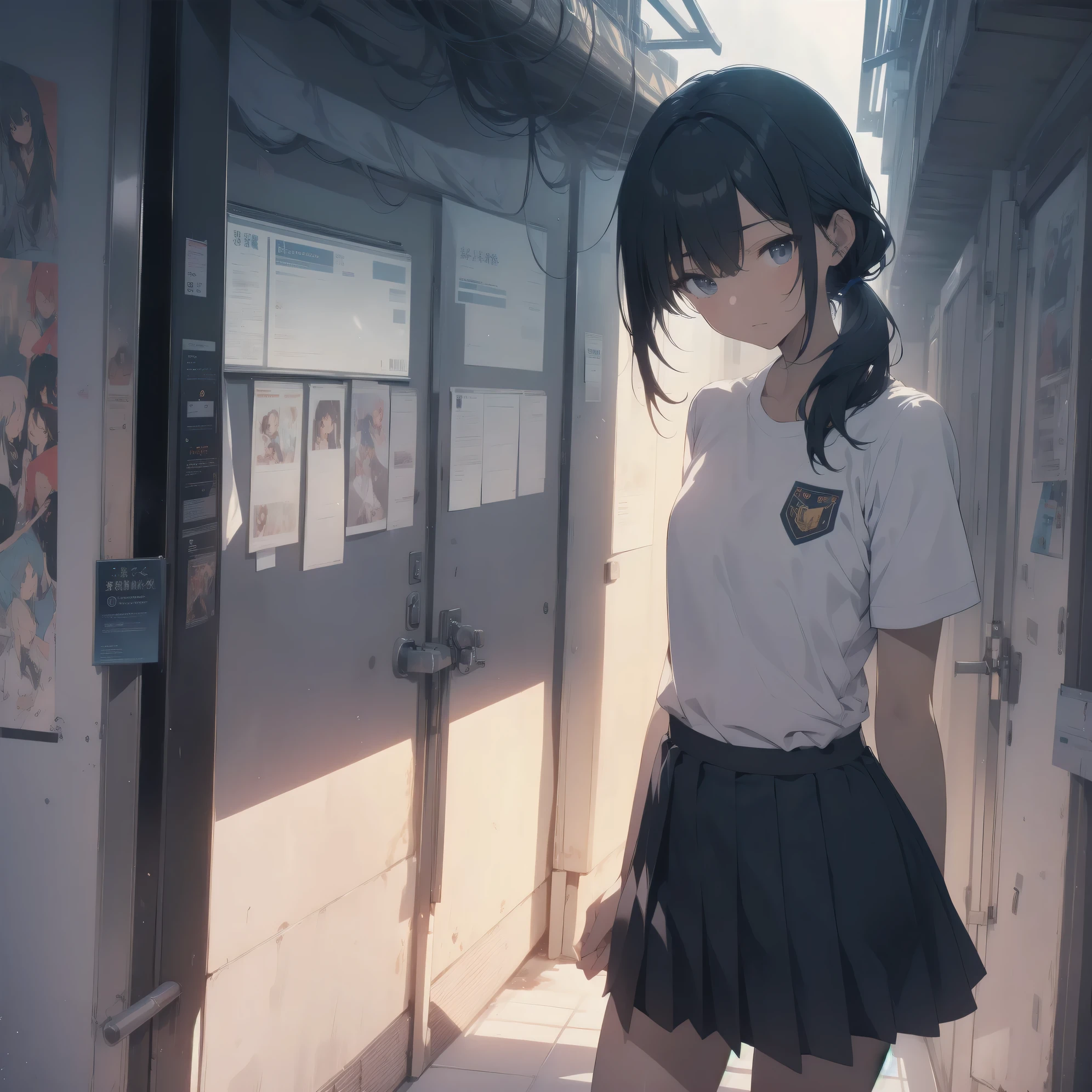 ultra-absurdres-Top quality by artist God, ultra-detailed, high resolution, anime moe artstyle, best anime 8k konachan wallpaper, pixiv contest winner, pool:2810, perfect anatomy,break, 1girl, (Please draw a girl walking sleepily to school alone. )break,(Solo,tomboy, dark-skinned female, 13-year-old:1.3),Full limbs, complete fingers, a junior high school student, androgynous charm, (very short hair, low ponytail), flat chest,slender body, Small butt, groin, small black eyes, beautiful detailed eyes, well-proportioned iris and pupils, expressive eyes, highres detailed hair, soft expression, jk,school_uniform, pleated skirt,(Detailed Lighting), (Detailed background), in the School commute route. break,super detailed skin, Best cinematic lighting powered by famous artist, 8k,beauty illustration,photoshop_(medium),very aesthetic,break,((artist:shino_(ponjiyuusu) )), artist:shinkai_makoto , artist:kantoku , artist:minaba_hideo ,