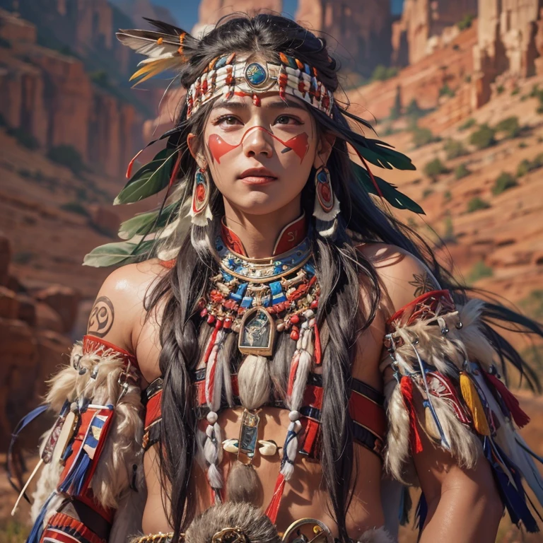 At the Grand Canyon、Hair flow、 ((highest quality、masterpiece、8k、Best image quality、Ultra-high resolution、Award-winning works)、(Accurate anatomy:1.1)、(Look at me and smile:1.1)、Shining fair skin with Ultra-high resolution、The most detailed face、Ultra-high resolution detailed face、Ultra-high resolutionの髪の毛、(Ultra-high resolutionの煌めく瞳:1.1)、Beautiful face drawn in every detail、(Blurred Background:1.1)、Native American Costume, American Indian Clothing, Chest to chest, tattoo、A real giant condor next to you。