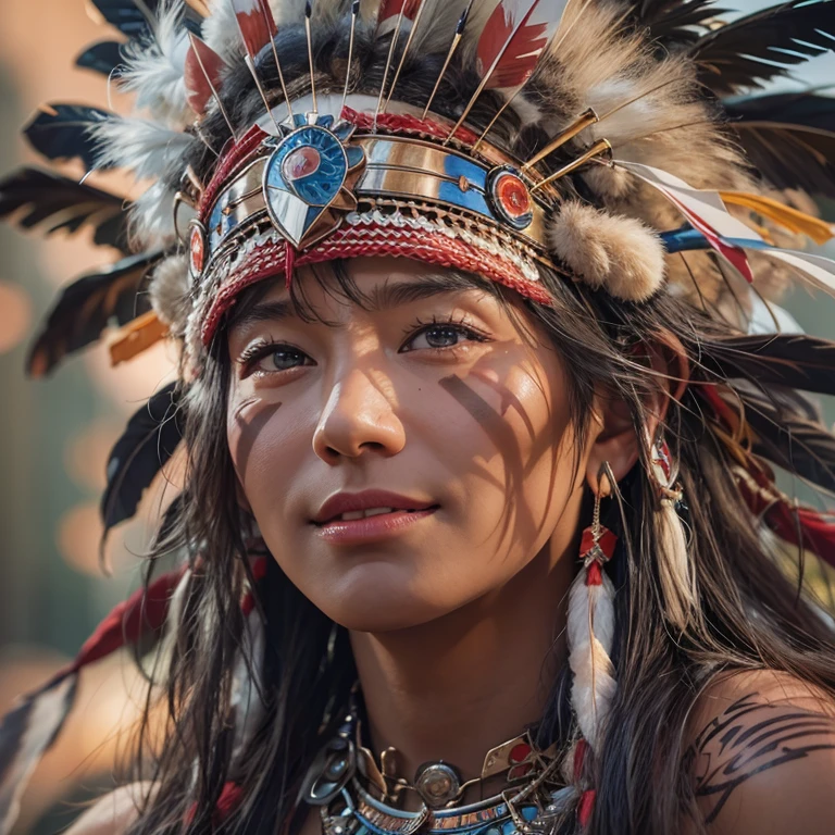 At the Grand Canyon、Hair flow、 ((highest quality、masterpiece、8k、Best image quality、Ultra-high resolution、Award-winning works)、(Accurate anatomy:1.1)、(Look at me and smile:1.1)、Shining fair skin with Ultra-high resolution、The most detailed face、Ultra-high resolution detailed face、Ultra-high resolutionの髪の毛、(Ultra-high resolutionの煌めく瞳:1.1)、Beautiful face drawn in every detail、(Blurred Background:1.1)、Native American Costume, American Indian Clothing, Chest to chest, tattoo、A real giant condor next to you。