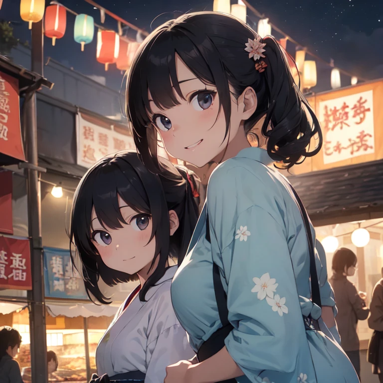 masterpiece、Ultra-detailed、Intricate details、Realistic texture、people体の凹凸、Realistic details、highest quality、Surrealist works、Women are detailed and realistic、Graphic Arts、shape:浴衣を着た女性2peopleと男性1people、Walking together with a smile、Women wearing colorful yukata with floral and polka dot patterns、Men wear dark blue yukata、There are also accessories such as hair ornaments and lanterns.:Fireworks are set off in the night sky、A lively summer festival with food stalls and lanterns、Impact that lets you feel the crowds and festival atmosphere:花火の色やshapeが違う々Eye-catching、people々The expressions and poses are fun and relatable..、The details of the food stalls and lanterns are depicted in a detailed and realistic way..、Beautiful contrast of light and shadow