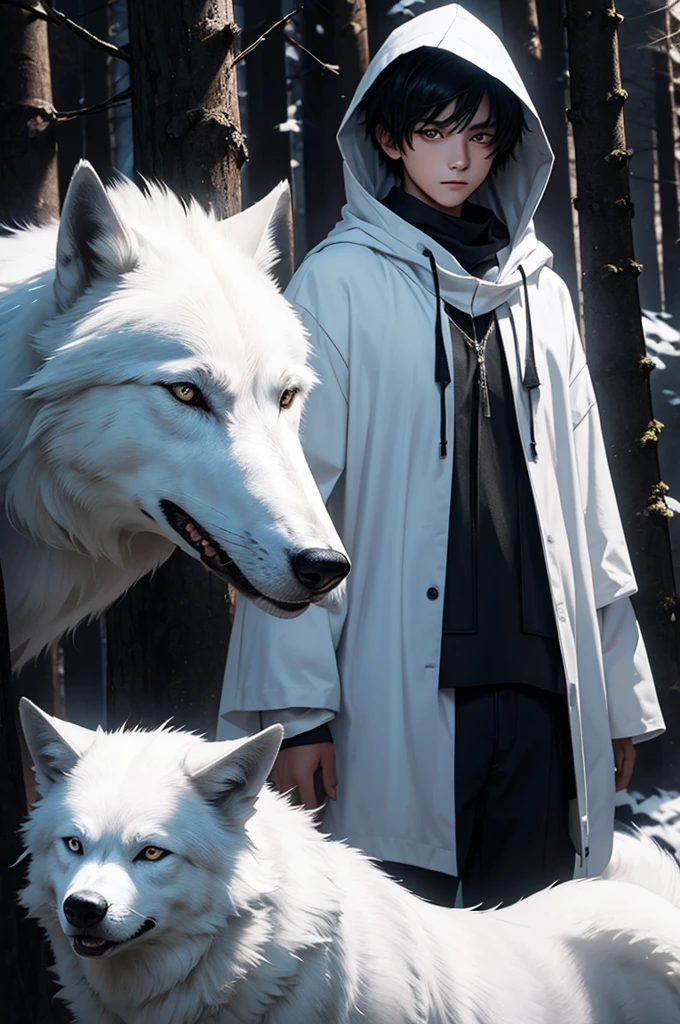 boy.short black hair.white eyes.with a hood.with a white wolf.in a forest.at night