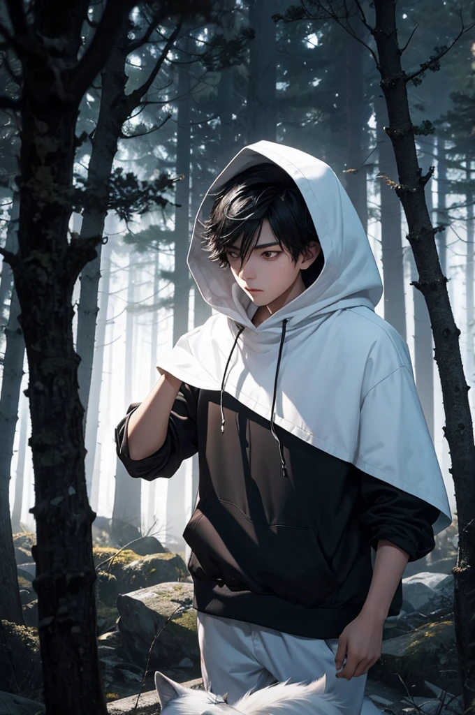 16 year old boy.short black hair.white eyes.with a hood.with a white wolf.in a forest.at night