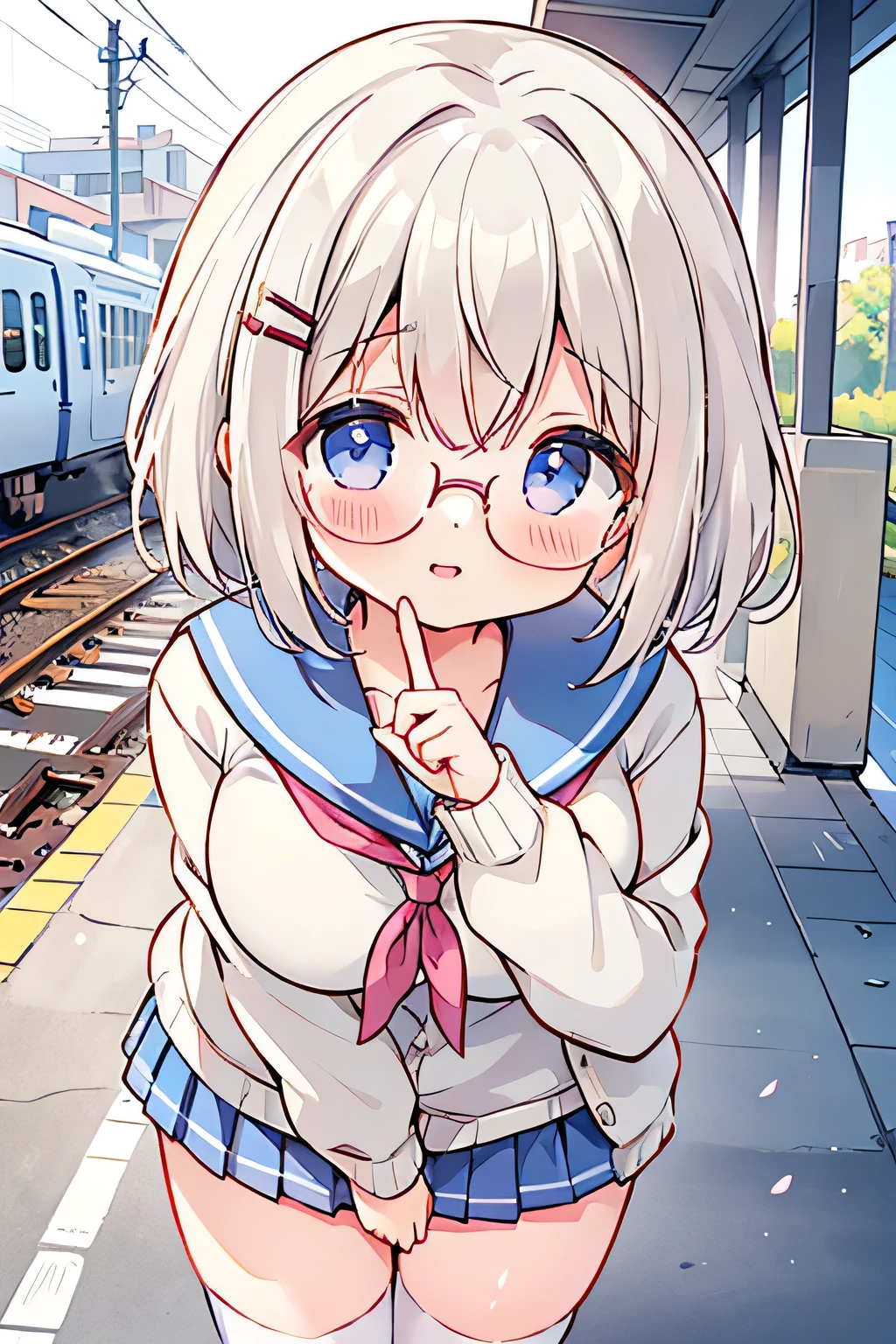 highest quality、High resolution、Detailed Background、(Beautiful face in every detail:1.4)、Anatomically correct、(Hide your fingers:1.3)、(Detailed facial expressions)、(Detailed eyes:1.2)、(Detailed eyes:1.2)、age beauty、(Three Women:1.2)、(Highly detailed face:1.4)、(Huge breasts:1.1)、cute hair color、Bobcut、Braided Ponytail、Wavy Hairstyle、well-groomed eyebrows、Accentuate your breasts、Glasses、White Sailor Suit、Light blue sailor collar、Cute school cardigan、Checkered pleated mini skirt、White Stockings、On the way to school、Wait for the train at the station platform、Laughter、smile、sexual expression、Please show me your whole body、Playfully hugging、A fun atmosphere、cute gesture、cute、(Three beautiful girls in a fun atmosphere with friends:1.5)