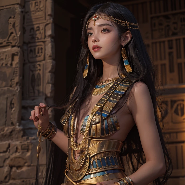 Standing in an ancient Egyptian cave、Hair blowing in the wind 、 ((highest quality、masterpiece、8k、Best image quality、Ultra-high resolution、Award-winning works)、(Accurate anatomy:1.1)、(Look at me and smile:1.0)、Shining fair skin with Ultra-high resolution、The most detailed face、Ultra-high resolution detailed face、Ultra-high resolutionの髪の毛、(Ultra-high resolution eye:1.1)、Beautiful face drawn in every detail、Ancient Egyptian costumes, Chest to chest, Dark atmosphere,Dark atmosphere, Ancient Egyptian makeup,