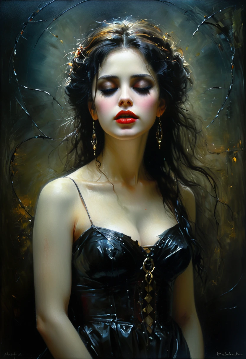 Those who know only joy do not have prayers. The  of suffering, cursing life, is something that only you can do. Dark Ambient Dark Fantasy. Full length view.  beautiful eyes. Best quality, relief, dark gothic, conceptual art. Oil painting, thin smooth lines, light gentle shadows, + 36.5 mm f0 cinematic quality, + (Pino Daeni style, Albert Joseph Penaud, Sven37). Thematic art of life (conceptual art) Visual poetry.
