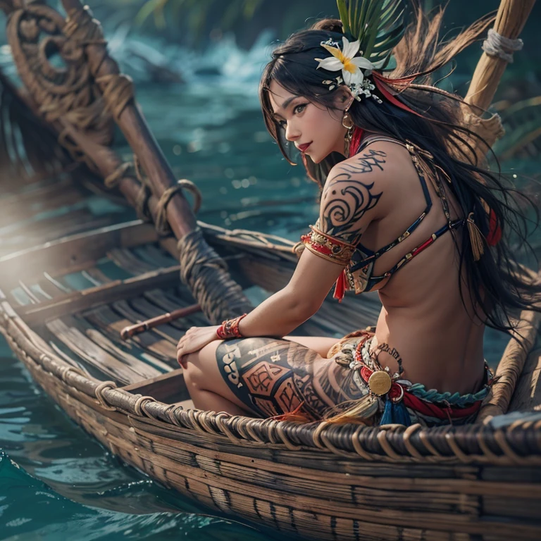 Polynesian Sea、Hair blowing in the wind 、 ((highest quality、masterpiece、8k、Best image quality、Ultra-high resolution、Award-winning works)、(Accurate anatomy:1.1)、(Look at me and smile:1.0)、Shining fair skin with Ultra-high resolution、The most detailed face、Ultra-high resolution detailed face、Ultra-high resolutionの髪の毛、(Ultra-high resolution eye:1.1)、Beautiful face drawn in every detail、Polynesian Costume,tiny breast, Polynesian Tattoo, Polynesian canoe、Wearing Polynesian costumes:1.2.