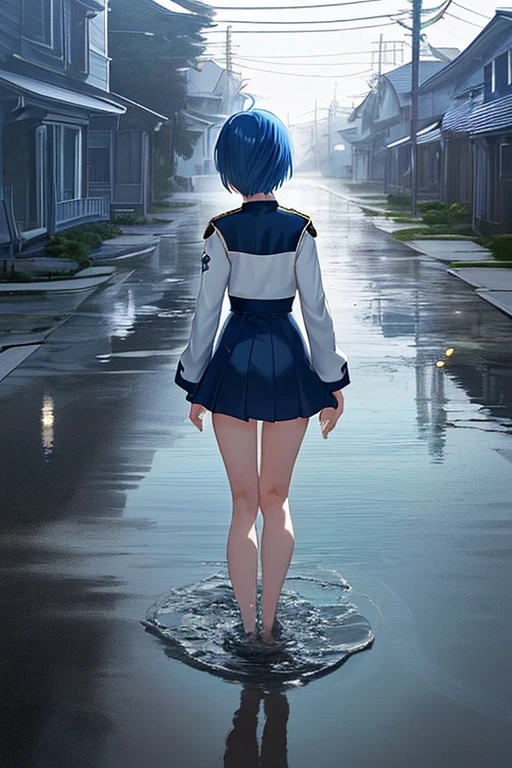 anime, midnight, solo, girl, cute, blue hair, short hair, black eyes, white marine uniform, is turned away looking back , it's out in the open, full body view, There are pools of water on the floor, she is on a sandy road, there are few old houses around it, 