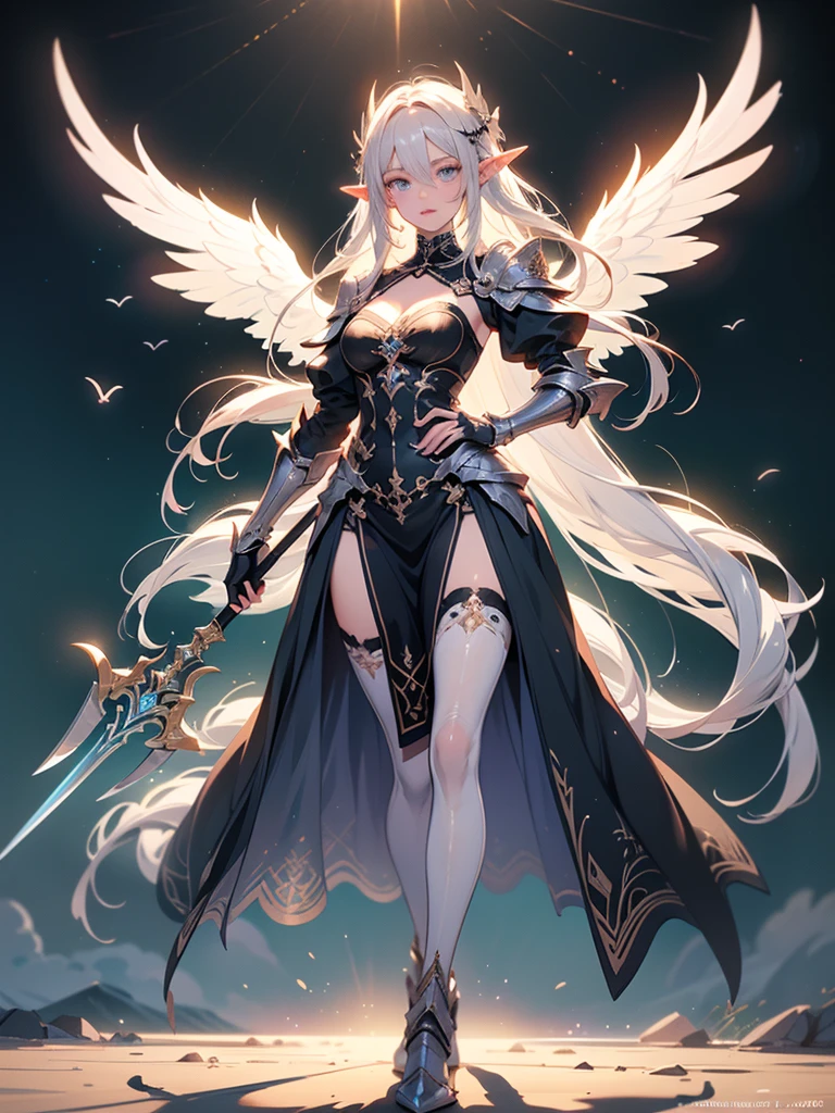 (((masterpiece, best quality, high detailed, 4k))) Design a layout showcase Gaming character, (1girl). Purple|Black clothes, stylish and unique. ((showcase weapon:1.4)), holy majestic spear. (masterpiece:1.2), (best quality), ultra-detailed. (Step by step design, layout art:1.5), (luminous lighting, atmospheric lighting). arcane elf, ((glove full hands)), (((revealing clothes:1.3))), vambraces, armored legwear, (((full_body_shot:1.4))). {In a mystical library}. (zentangle, mandala, tangle, entangle), (fractal art:1.3), maxiskirt, dress conservatively, (elf:1.2), solo, full body, wide shot, standing with white boots, holding spear down, blunt bangs, hair between eyes, white hair, golden eyes, long hair, elf ears, Valkyrie white armor, angel, chest protector, side bang, from front, extra size body, night, mountain, looking at viewer, dynamic pose, art style by Artgerm, by Kawacy, by Wadim Kashin, BREAK, eyelashes, eyeshadow, pink eyeshadow.