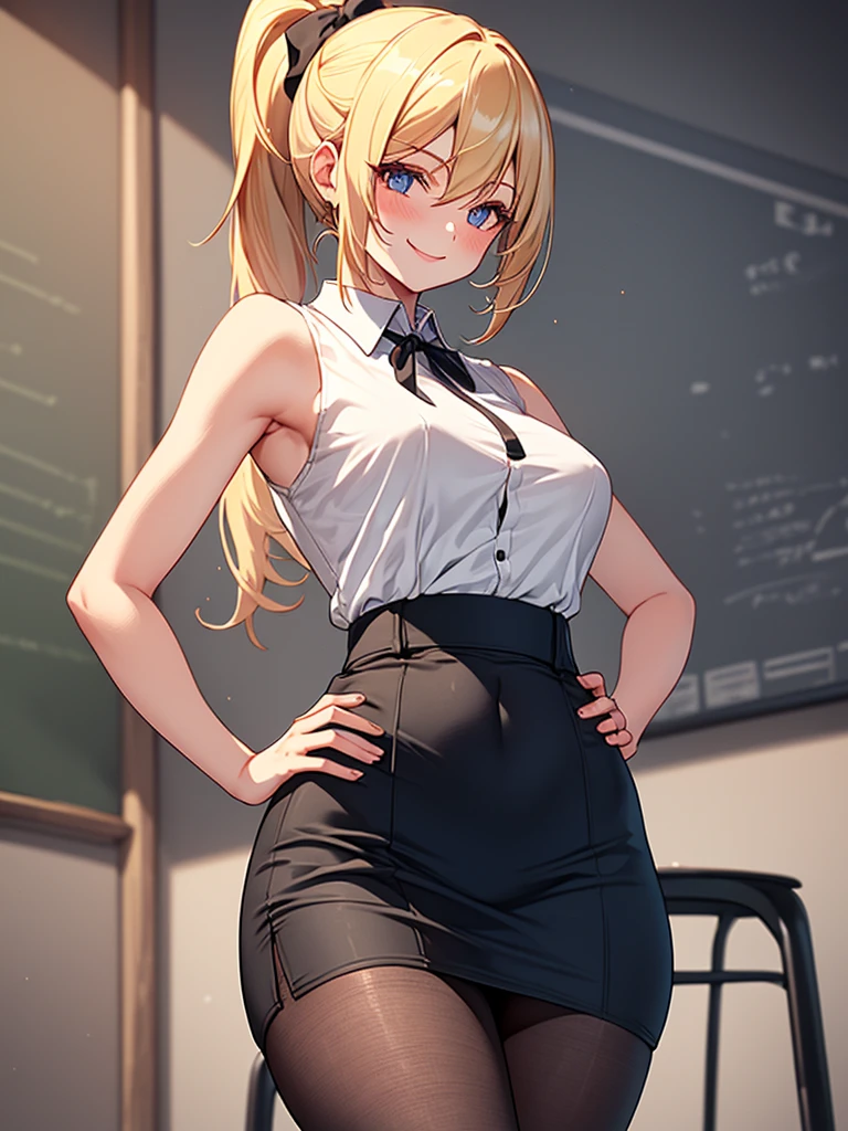 (highest quality, High resolution, perfect pixel, Depth of bounds written, 4K), upper body, (chair), (looking down), (detailed eyes), (1 lady), tall, (skinny body:1.2), (thin thighs:1.2), (Narrow hips:1.2), (teacher:1.2), (white collared shirt:1.2), (sleeveless:1.2), middle breasts, blond hair, (ponytail:1.2), (black pencil skirt1.2), (high waist), (side slit), (pantyhose:1.2), (standing:1.2), (hand on hips:1.2), contrapposto, (seductive smile), 
