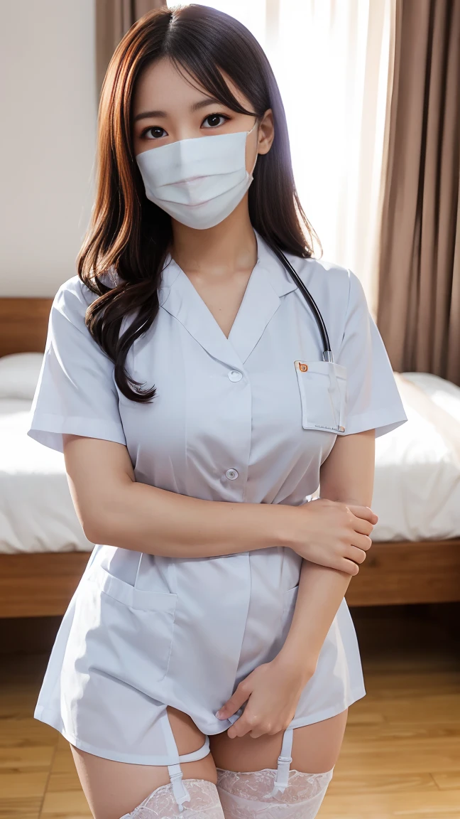 Browsing Caution,highest quality,masterpiece,8k,28 years old,Saggy breasts,Droopy eyes,mask,Blowjob, Large areola,Cute Smile,(White nurse uniform),(White garter belt,stockings)White,Hospital bed,Spread your legs,Adult Toys,Female masturbation,Put your hands on your crotch