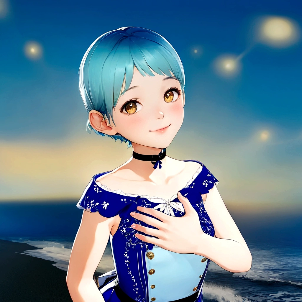 smile、Anime girl with blue hair and golden eyes standing on the beach, Cute 3D anime girl render, Woman with short blue hair, Anime-style 3D, Created by Anime Painter Studio, Smooth anime CG art, Realistic young anime girl, Highly detailed characters, blue sea, Inspired by Rei Kamoi, Anime-style characters, Girl with short white hair