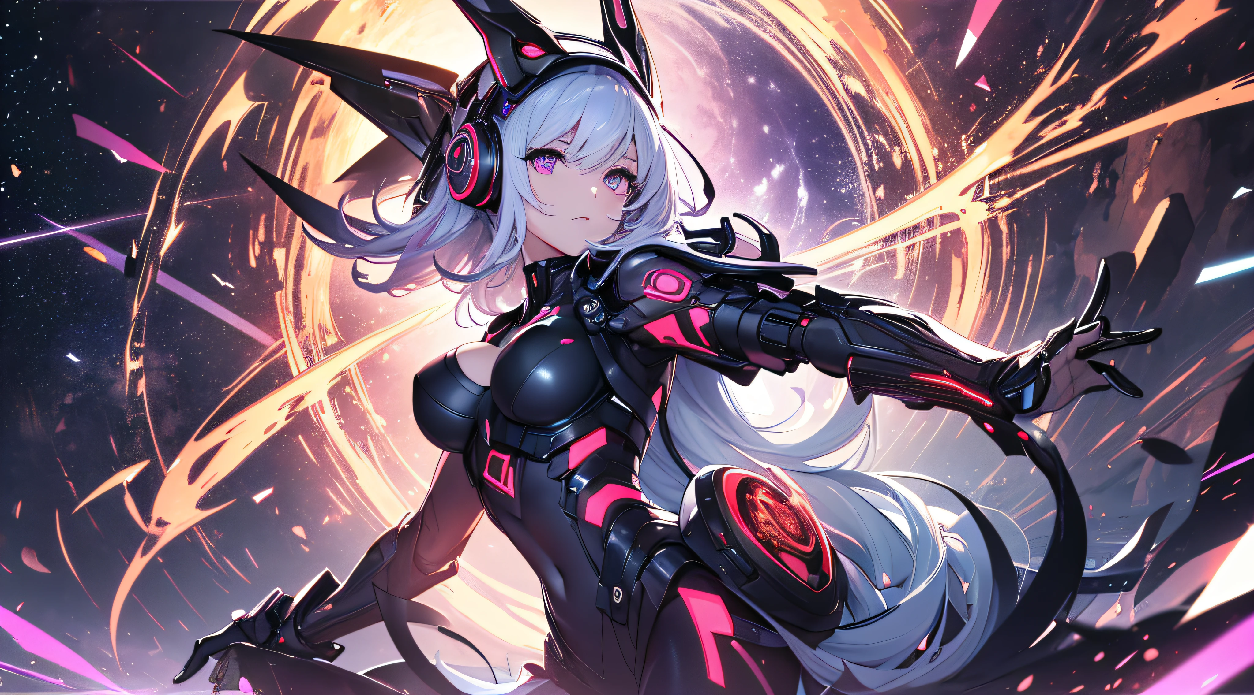 top quality、Best image quality、masterpiece、girl((black mecha suit、Shiny gold mechanical suit、18 years old、 Ager、cute、best tits、large bast,Open your beautifully shining purple eyes wide, cosmic hair、long hair、slim,big moves in volleyball,headphone pose、jumping and kicking)),high quality、beautiful art、background((A world of shining galaxies)))、depth((UFO)),table top、필드의 depth,Cinematic style