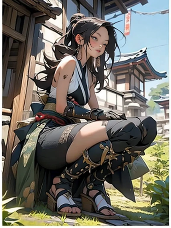 (((Miss))), (((best quality))), (((masterpiece))), (((AS-Adult))), ((( Japanese ))), Looking up from the knees, A beautiful asian samurai Miss with perfect body, Modern Samurai, ((( Asian))), Wear gloves,The left arm is made of steel and metal tip,Use protective equipment, Eyes pulled, (( Appears below the breast )), (( Small dental floss )), Simon Beasley, Almost naked(Simon Beasley)Castle City Wilderness,For high-resolution posters, Straight Hair, Minimum dress code, armor (Crazy clothes ), Full of spikes and rivets, tribal tattoo, (((Full Body Love))), Dark brown straight hair,Dyed hair ends