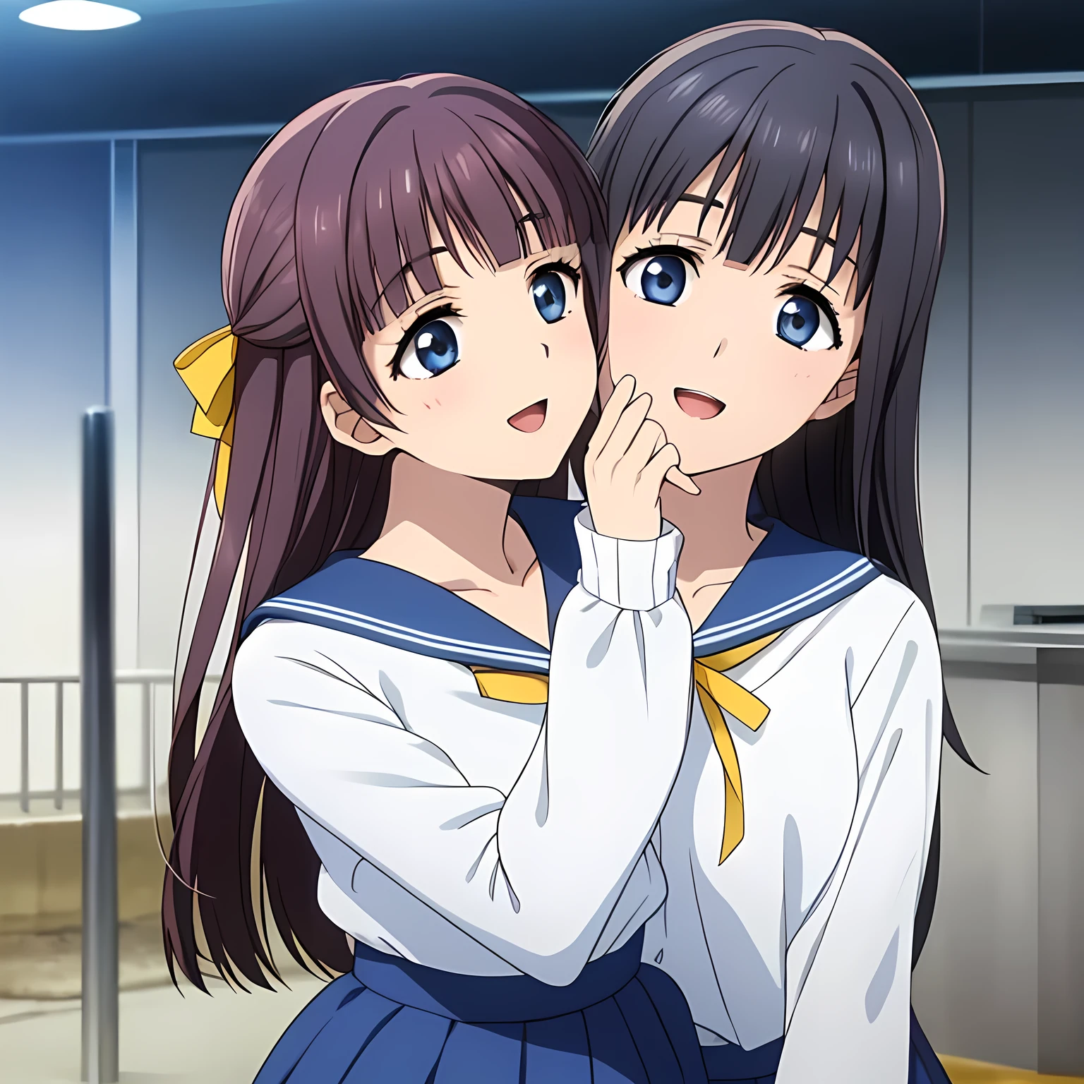 (highest quality, masterpiece:1.2), highest quality, High resolution, 1080p, 8K, Game heroine CG, Height: 158cm, ((A beautiful game heroine is kissing an invisible man from above)), A face that everyone loves, Glossy lips, Even bangs, Double, Long eyelashes on both the top and bottom, Smiling blue eyes, The very large and thick yellow ribbon bowtie is very cute., ((Black Hair)), Beautiful, shiny, long black hair, ((A long, neat, dark navy pleated skirt)), (((A long-sleeved navy blue sailor uniform for winter, all dark blue in color))), ((Navy blue jacket)), Smiling, slightly open mouth like a game heroine, Ribbon in hair, Tight waist, The background is a blank white space, ((Blur the background))